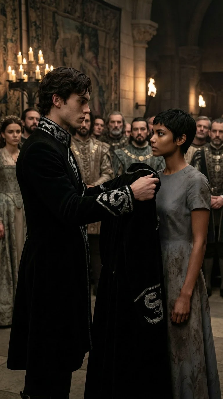 Lucan holds out his black coat to Tansy while the court watches in silence.