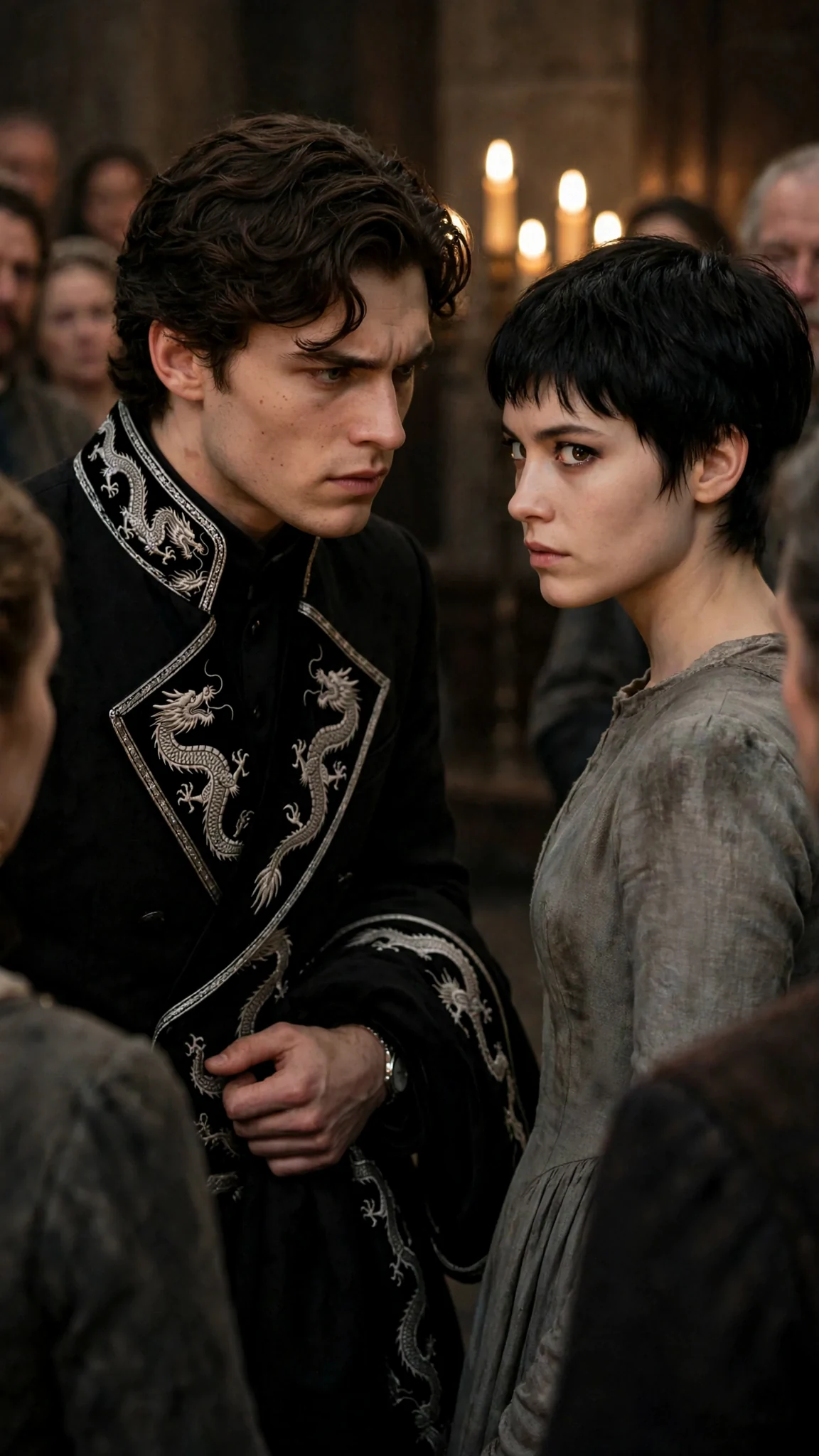 Lucan leans closer to Tansy, coat still in hand, his expression caught between irritation and curiosity.
