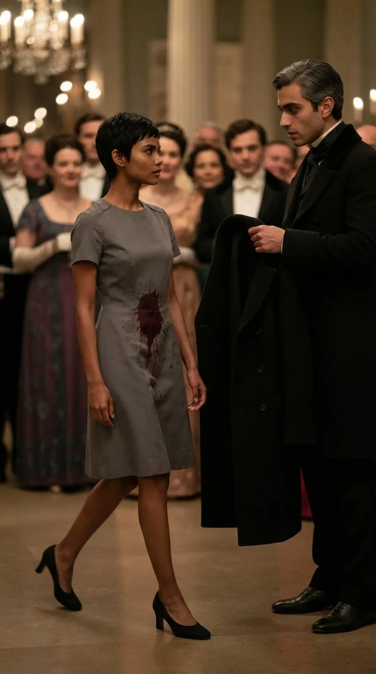Tansy steps back from Lucan's coat, chin lifted, wine stain dark on her dress.