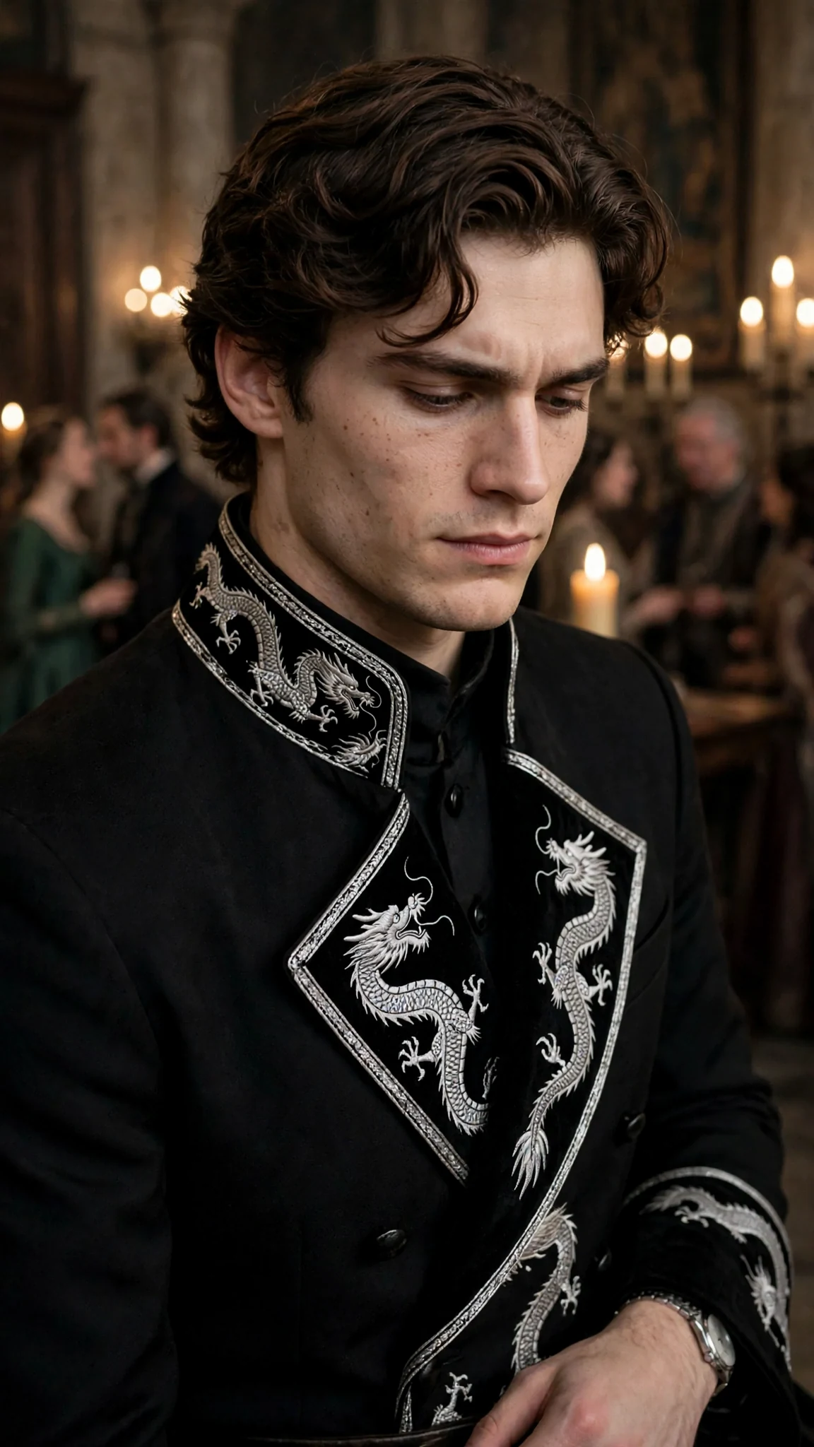 Lucan stands alone in the hall after Tansy leaves, looking at his unwanted coat.