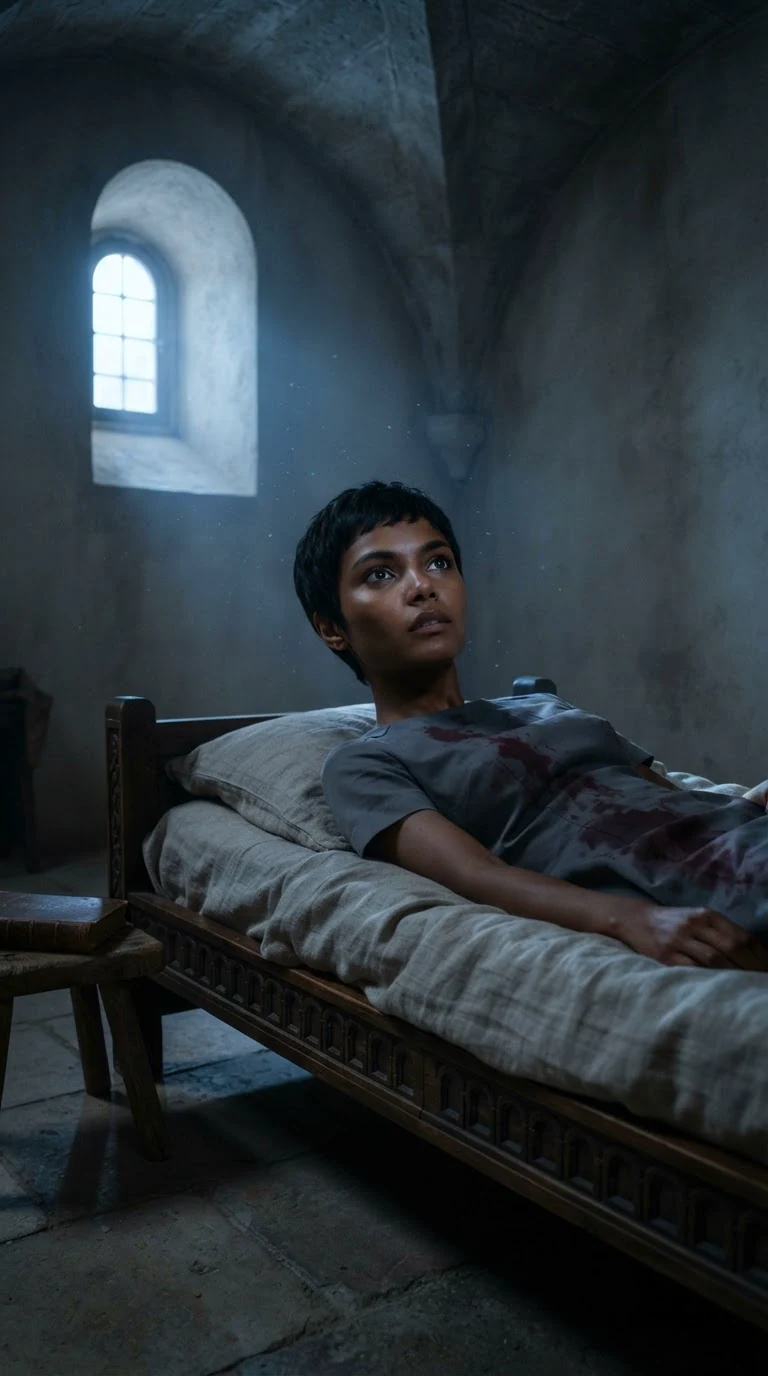 Tansy lies awake in a narrow bed, still in her stained dress, staring at the dark ceiling.
