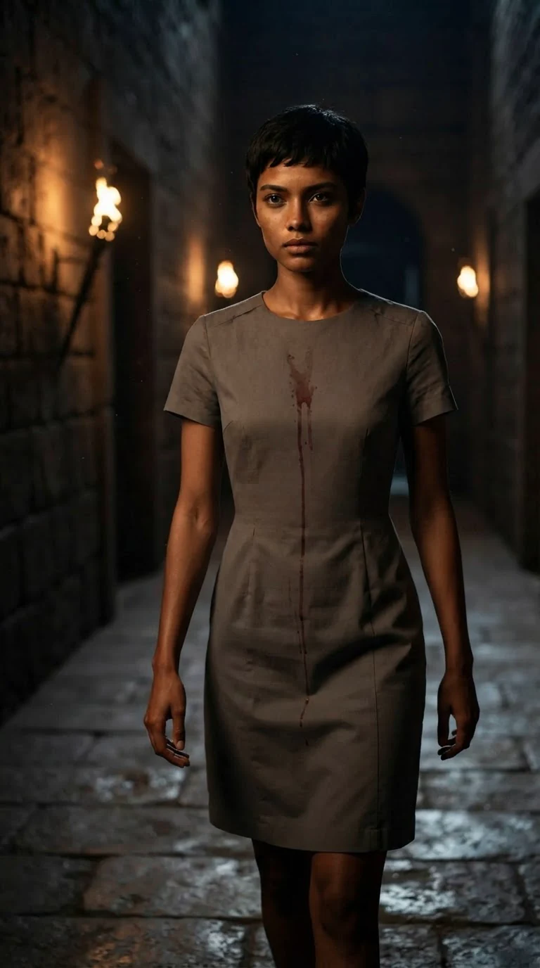 A young woman in a stained gray dress walks a cold stone corridor at night.
