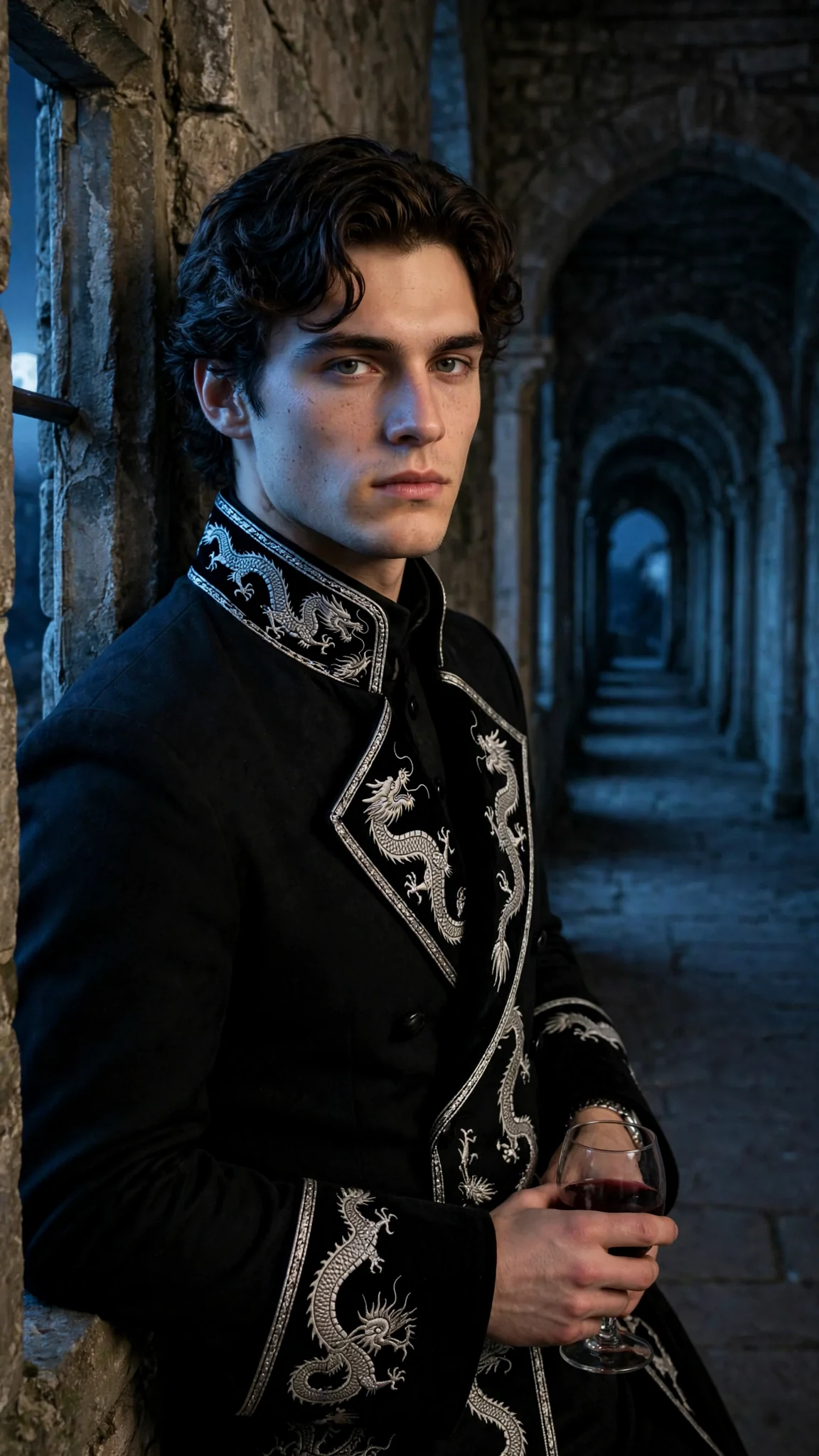 A tall prince stands at a dark window with a cup he is not drinking.