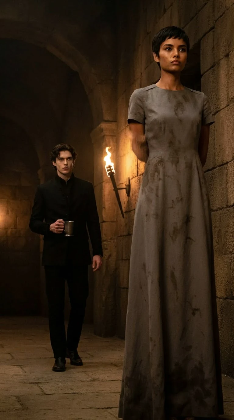 The two of them facing each other in a corridor, her chin up.