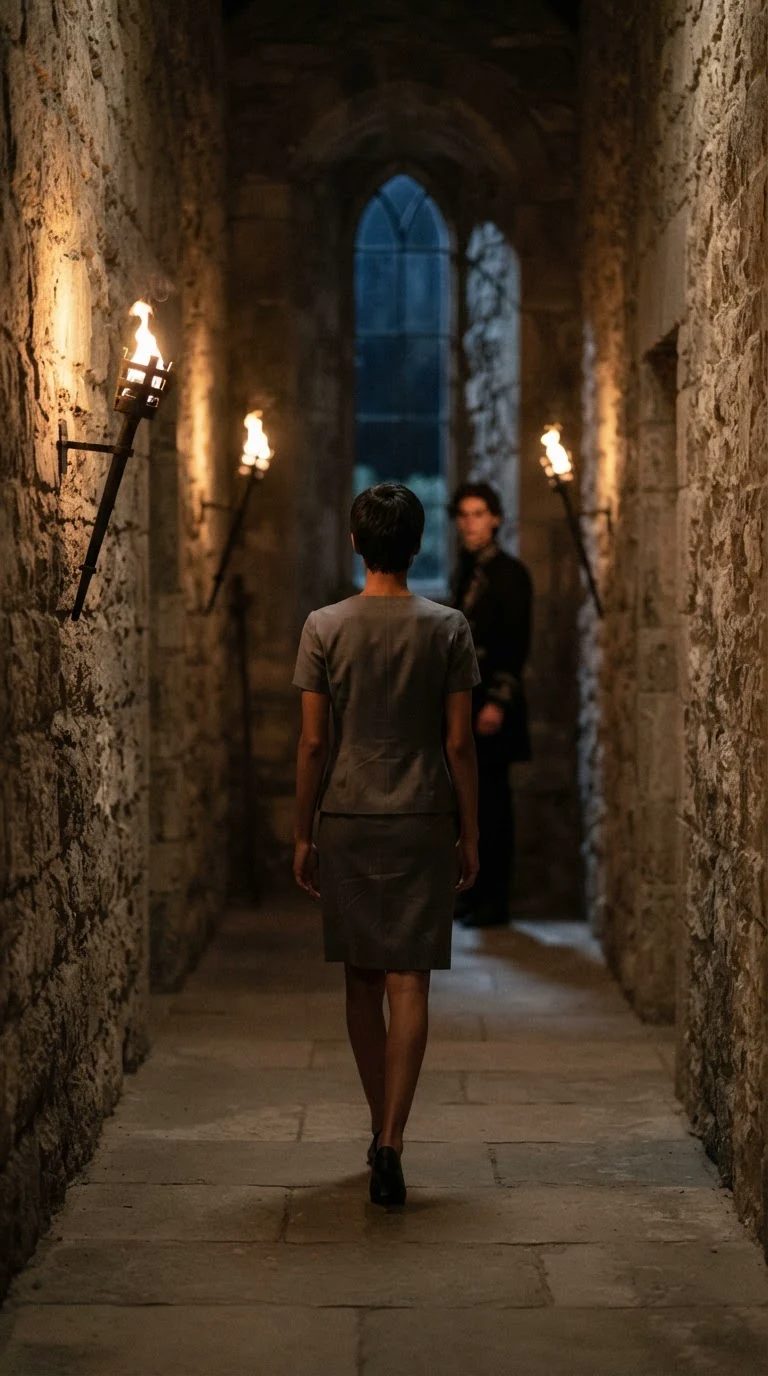 The woman walks away down the corridor, the prince watching her go.