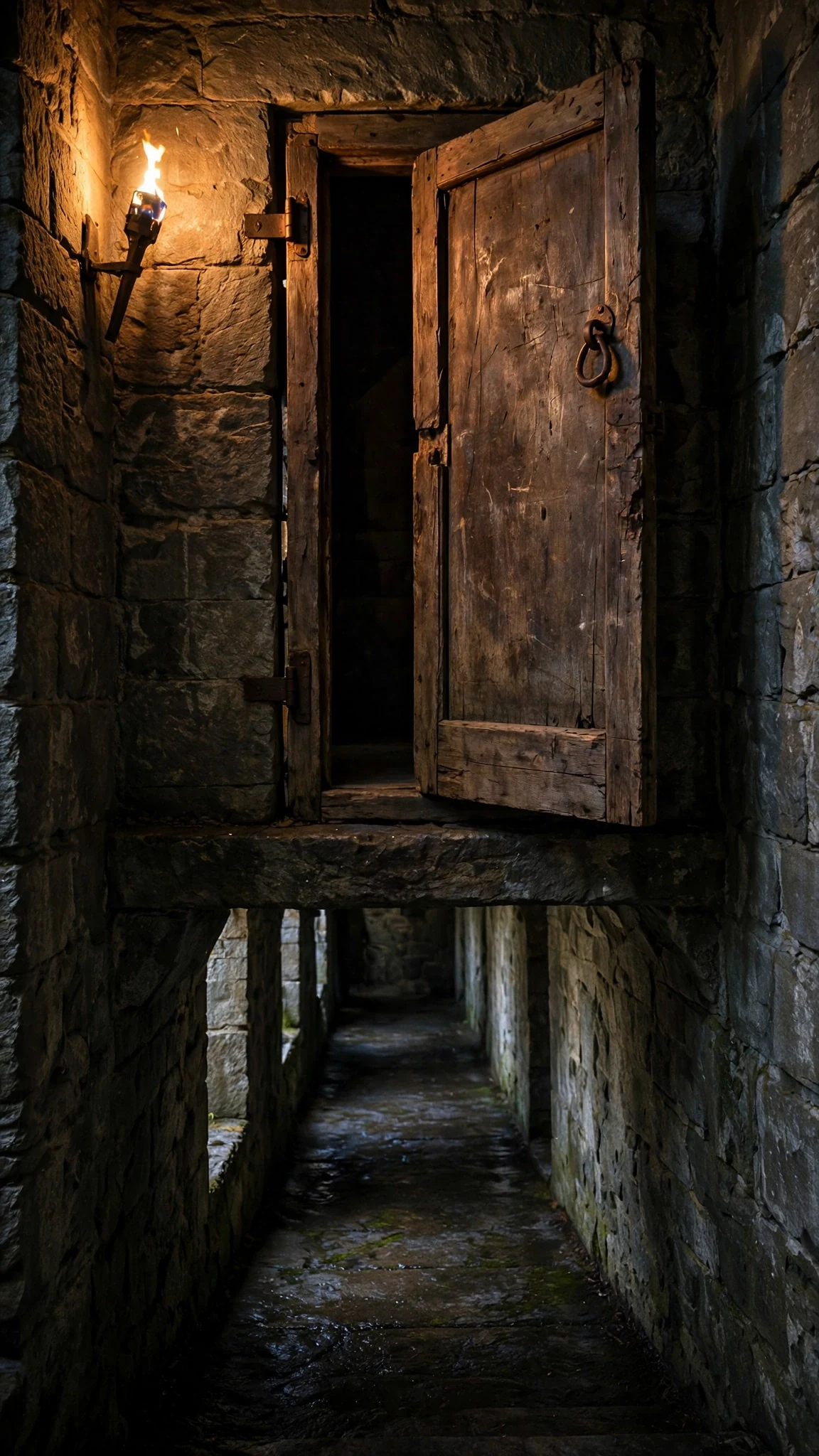 A narrow open gap in a wooden door, dark room beyond.