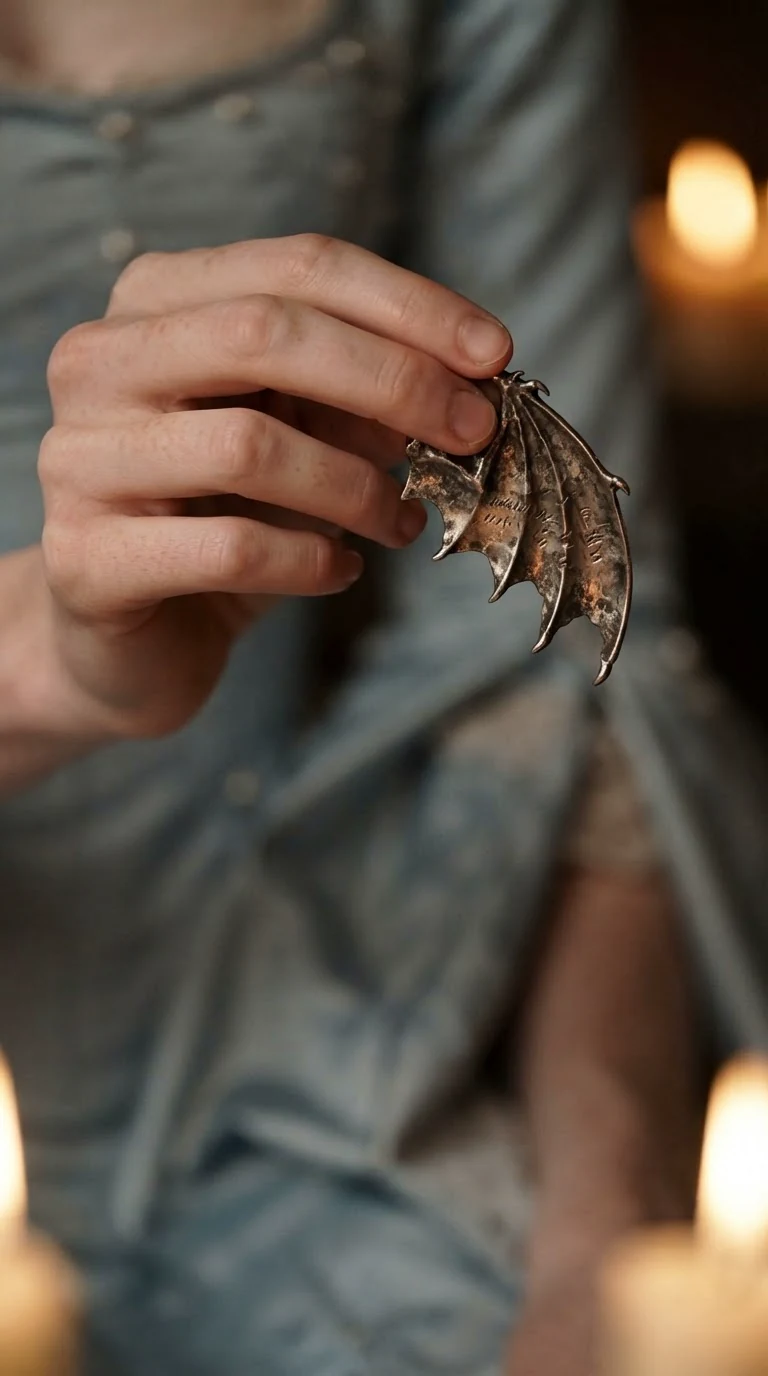Close view of a silver dragon-wing pin pinched between two fingers.