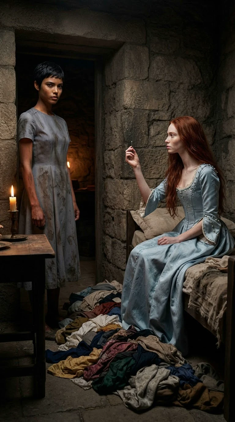 The two women facing off in a small candlelit room, clothes strewn on the floor.
