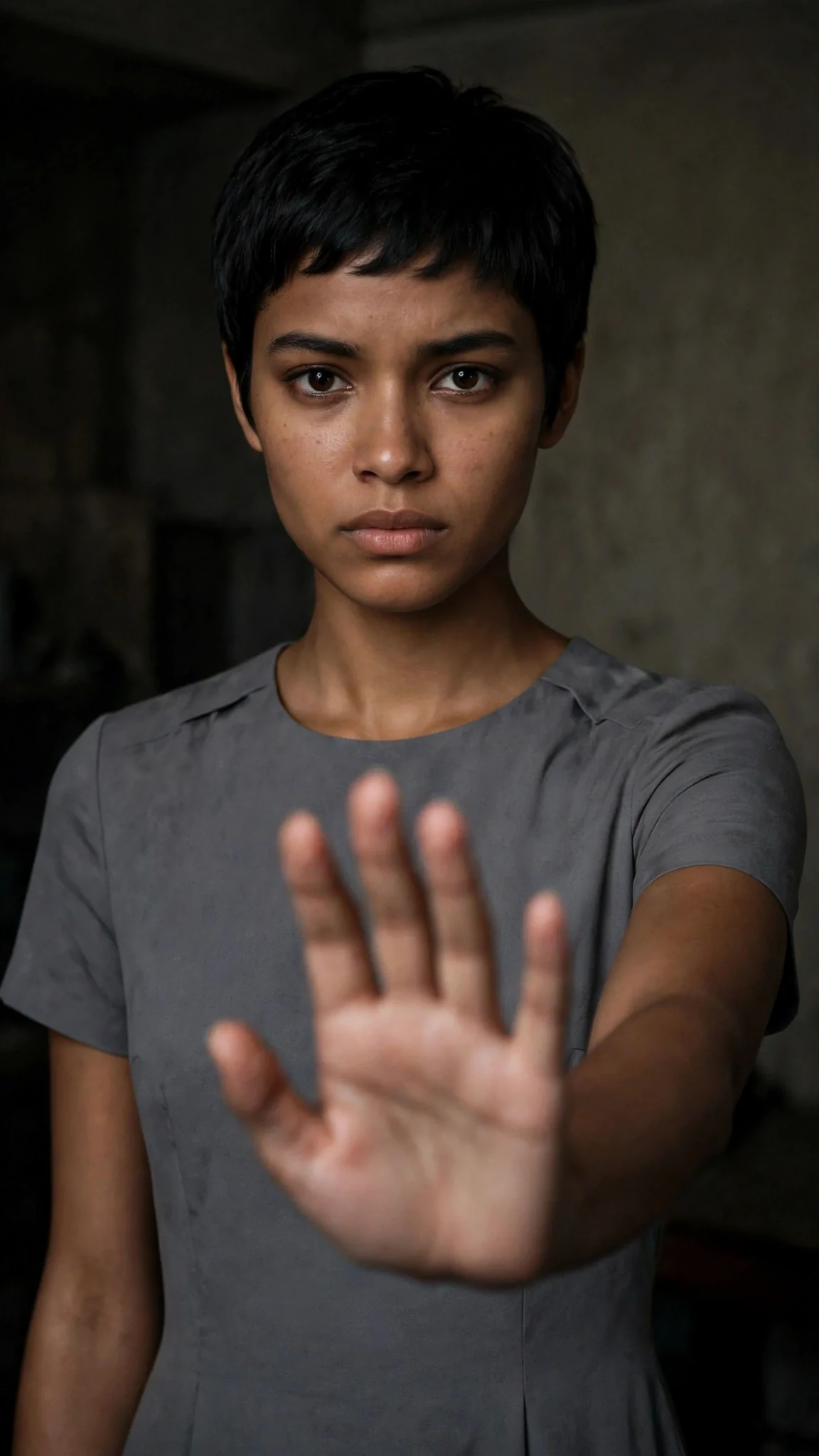 The gray-dressed woman with her hand out, face hard and still.