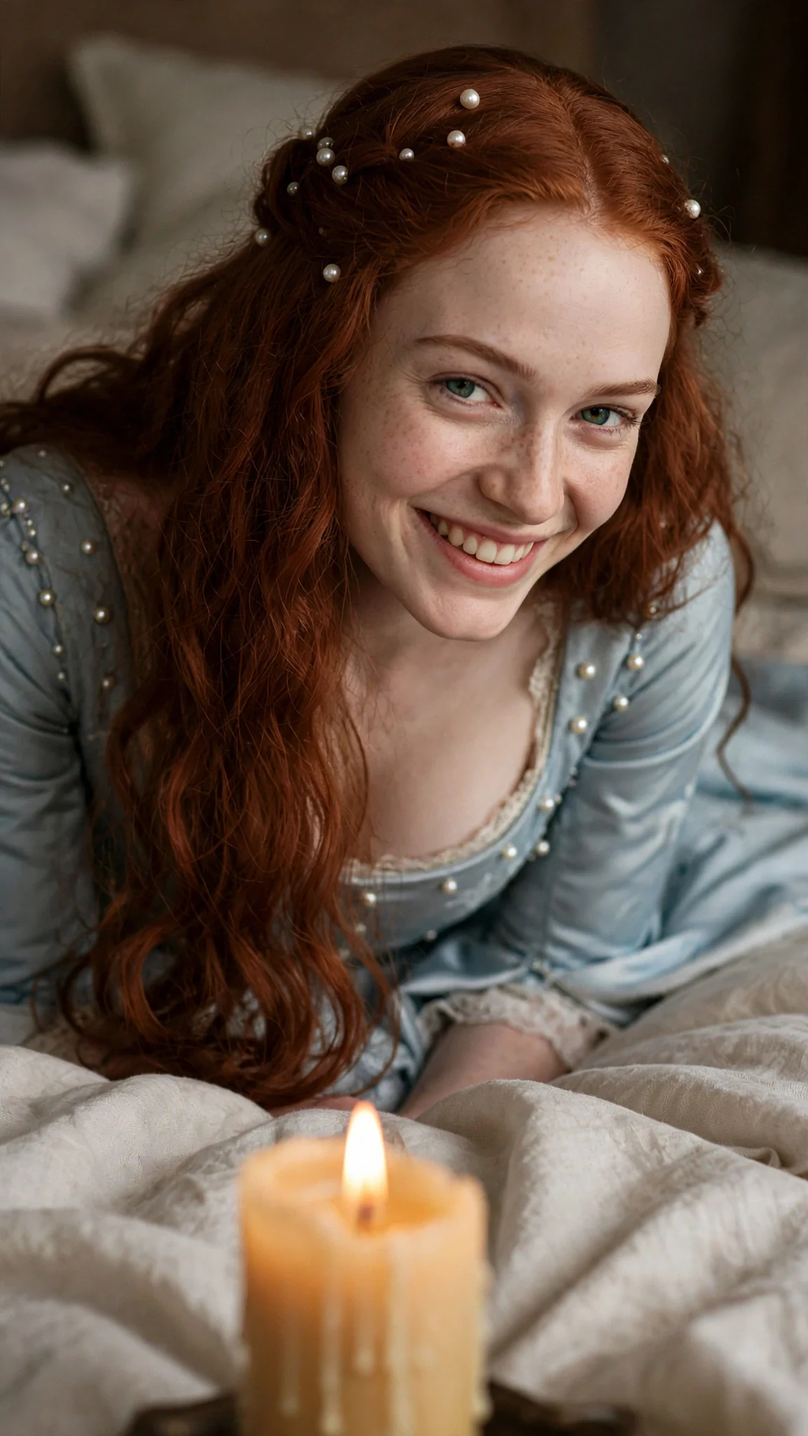 The auburn-haired woman leaning forward, taunting.