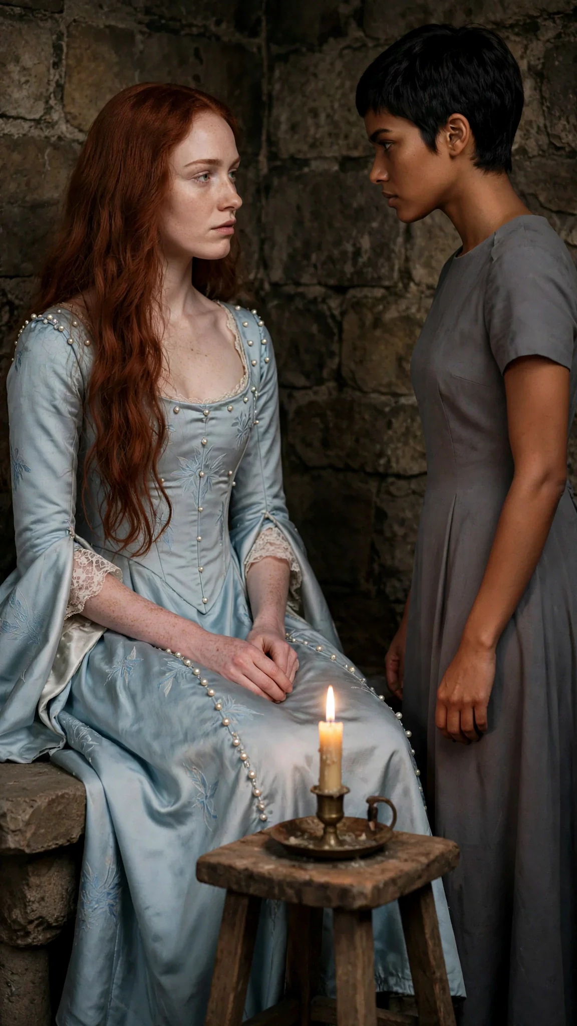 A long silent look between the two women in the candlelight.