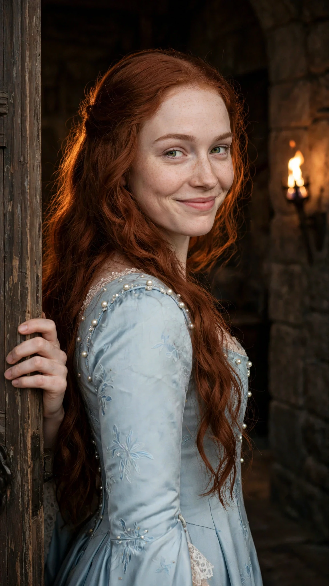The auburn-haired woman at the open door, looking back over her shoulder.