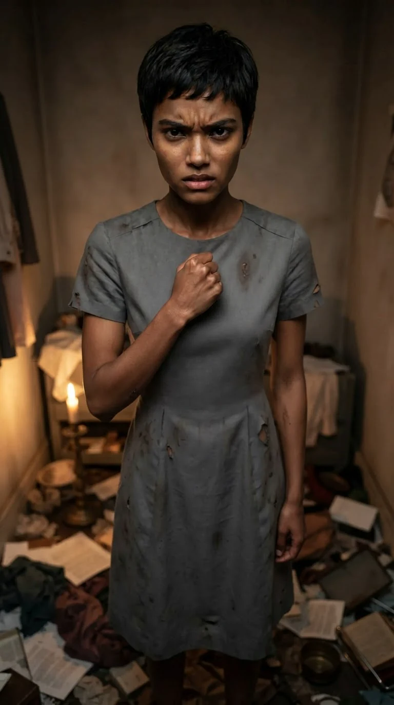 The gray-dressed woman alone, fist clenched around a silver pin.