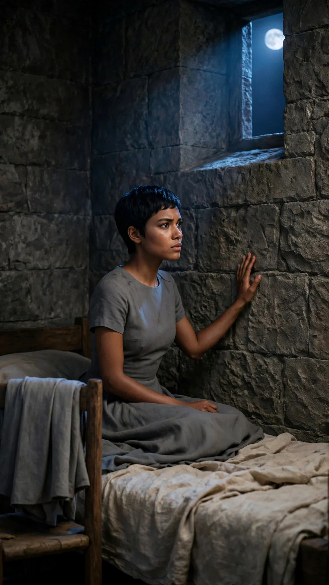 A young woman sits up in a dark palace bedroom, listening to something under the floor.