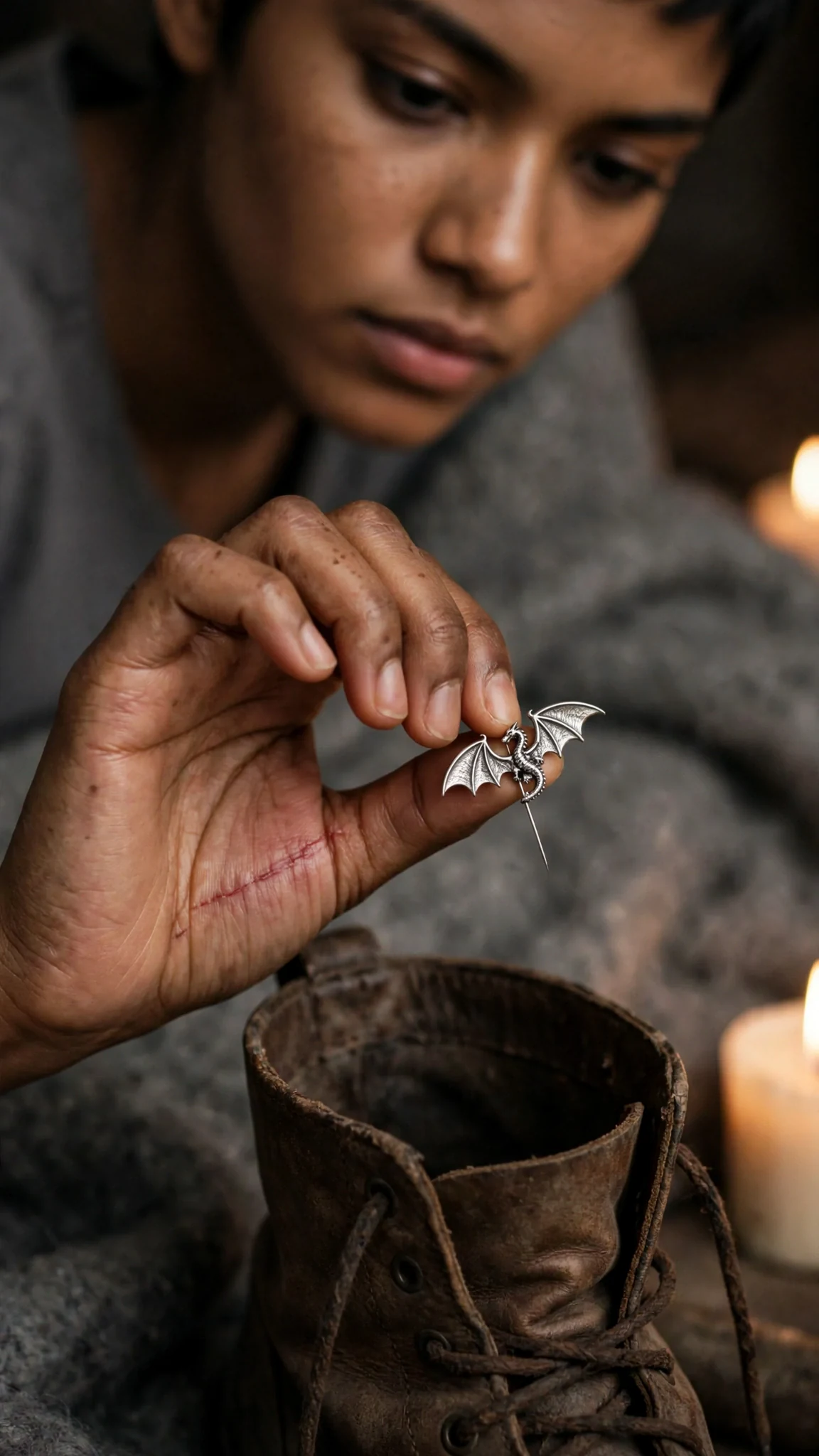 Fingers close around a small silver pin shaped like a dragon's wing.