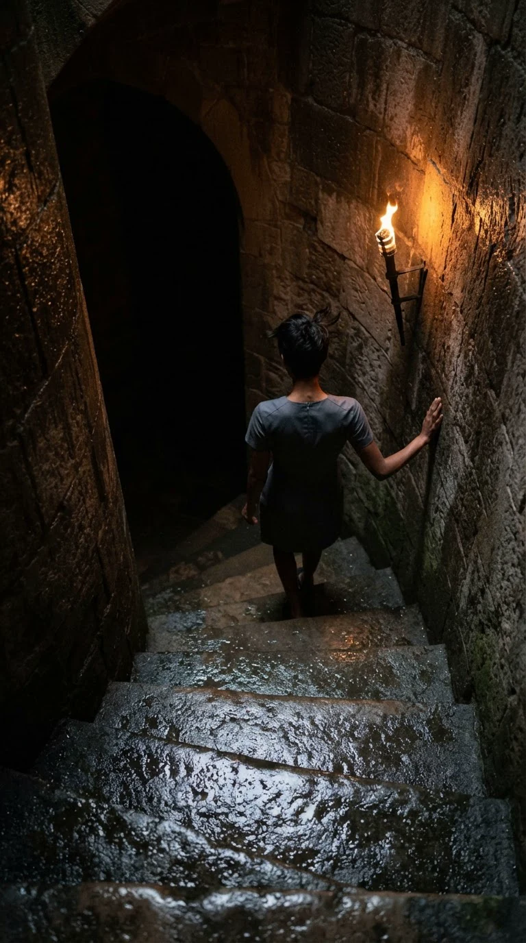 A narrow torchlit stone stair spirals down into cold darkness.