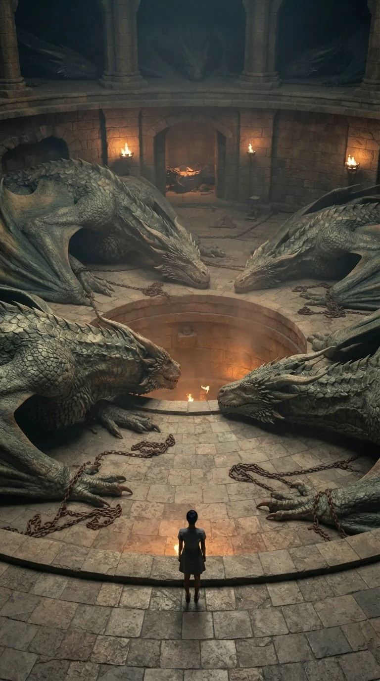Huge old dragons lie along the walls of a round stone pit, heat shimmering.
