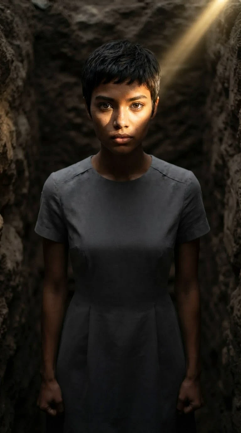 A woman stands rigid in dragon light, jaw locked, listening to a voice in her head.