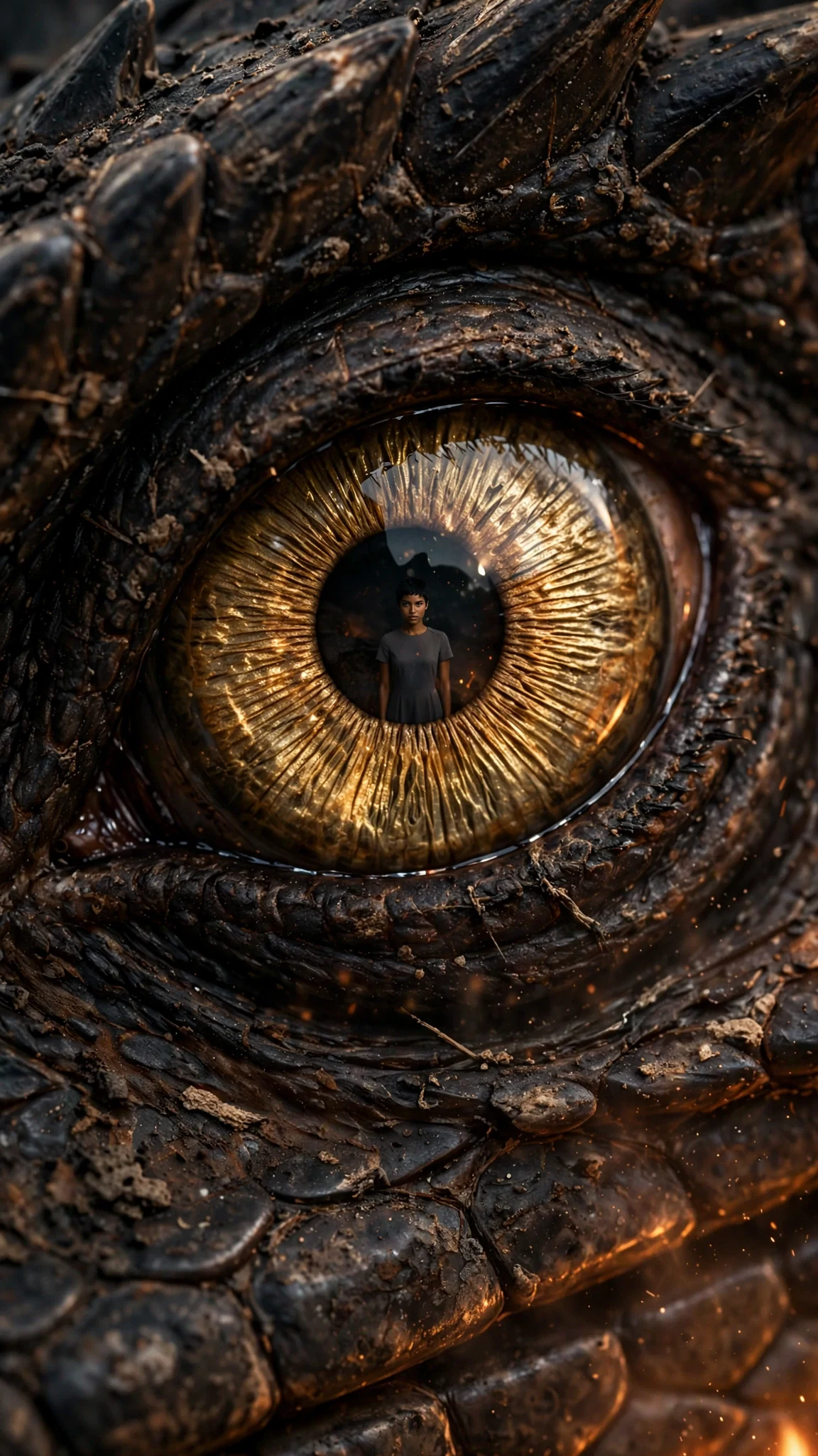 A dragon's eye close up, the woman's reflection small inside the gold.