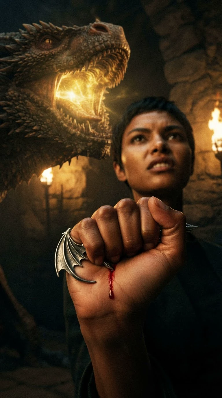 The woman's fist tightens on a silver pin, blood at the scratch on her palm.