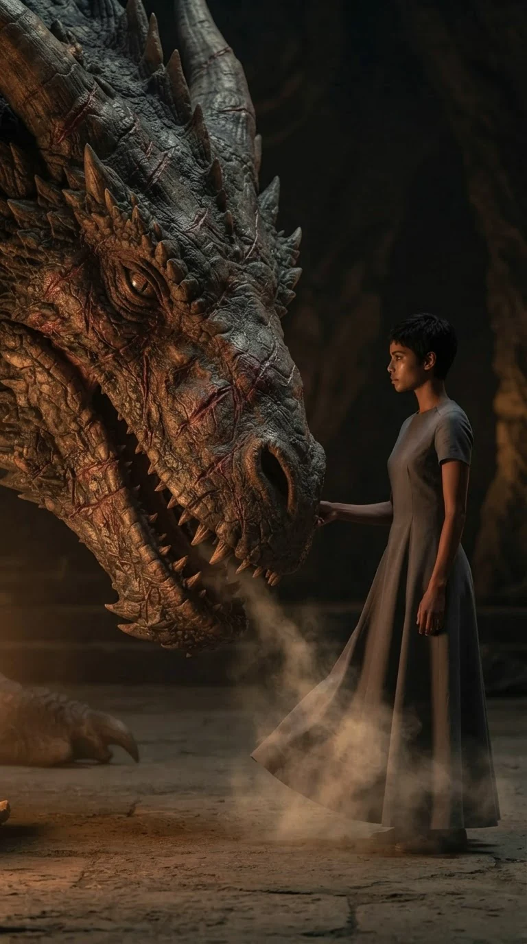 A dragon lowers its huge head close to a small defiant woman.