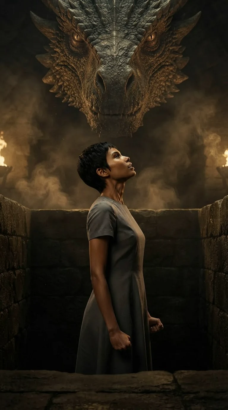 The woman asks a question of the dragon, her voice thin, her spine straight.