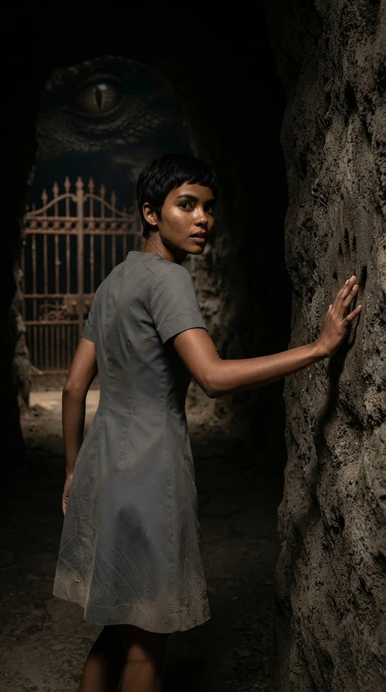 A woman backs toward the pit gate, one hand on the carved stone wall.