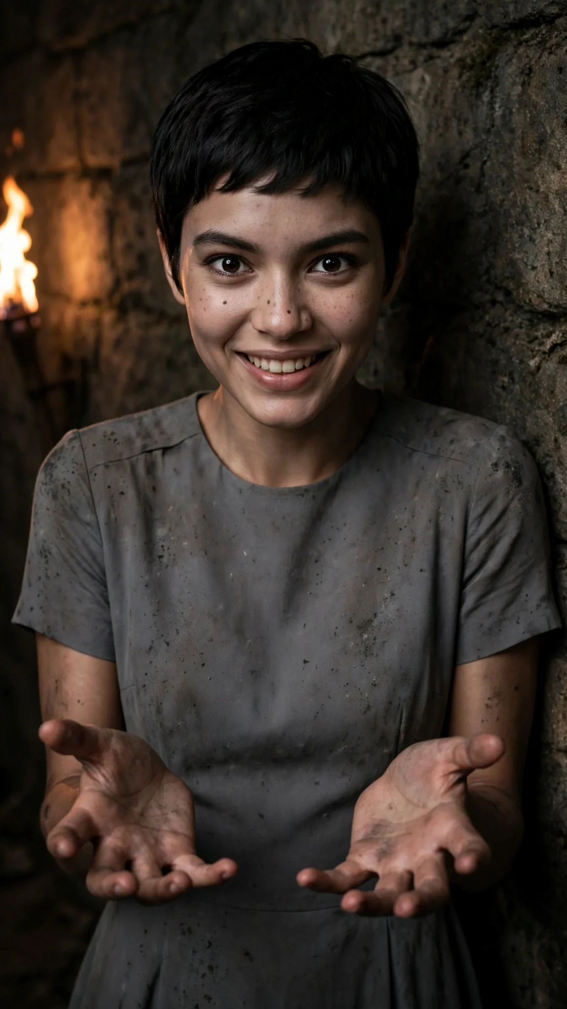 A woman stands in the corridor with shaking hands and a lit-up look in her eyes.