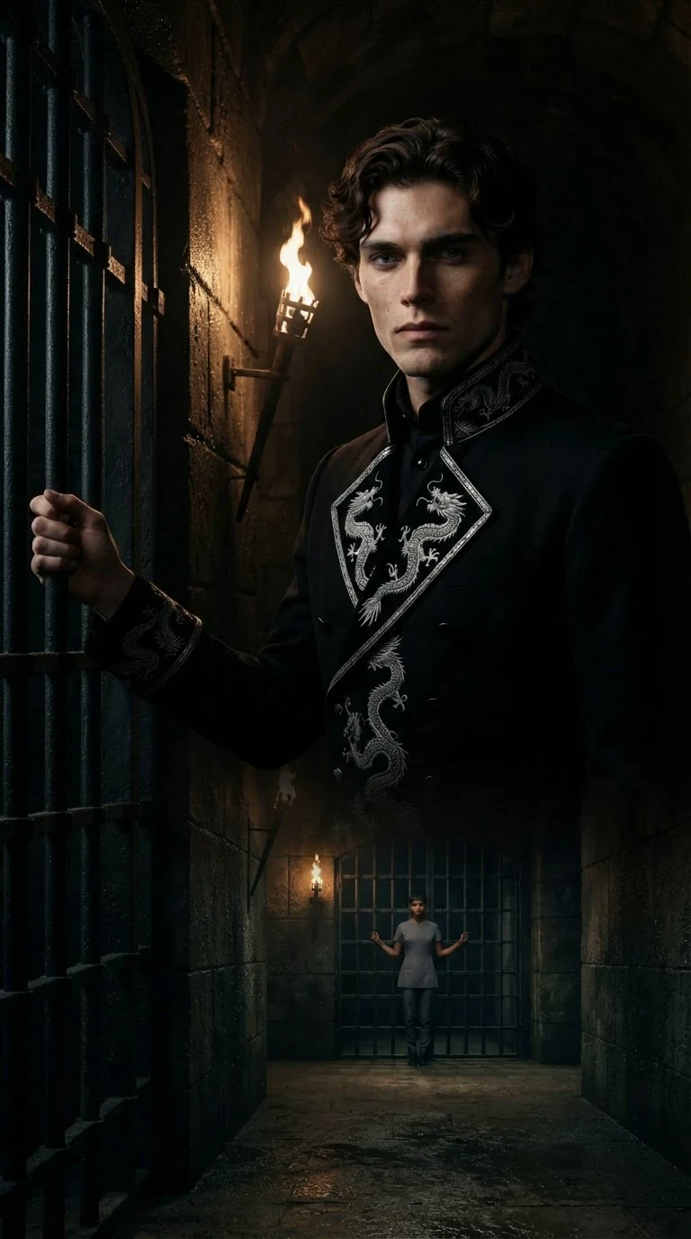 A tall man in a black court coat stands at the iron gate, hand on the bars, not smiling.