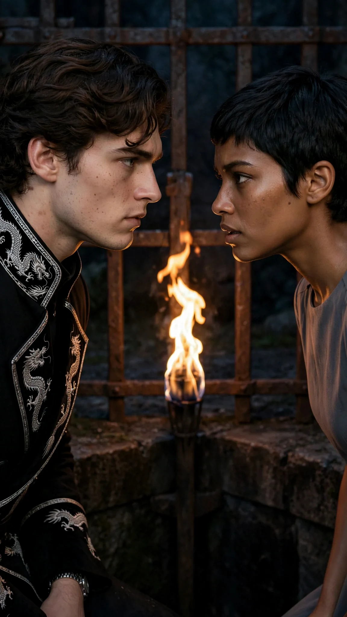 The prince and the woman face each other at the gate, both lit by one torch.