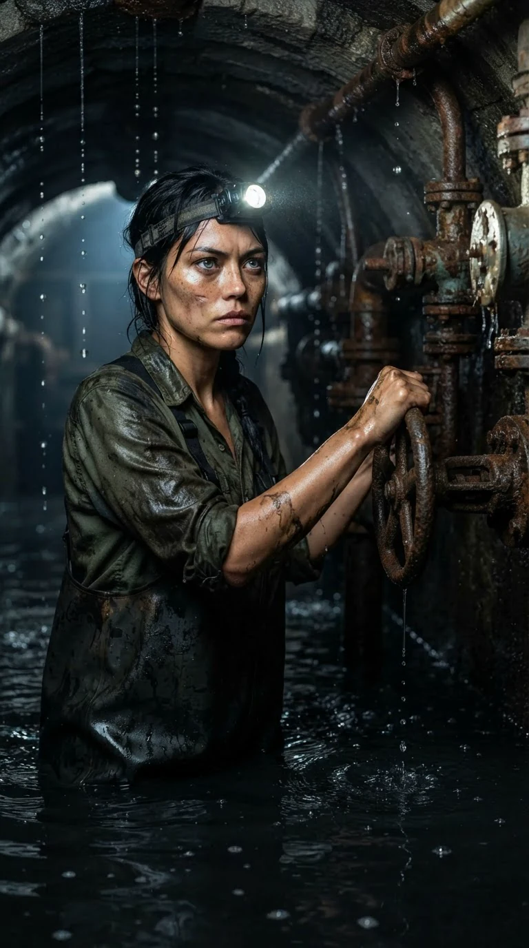 A young woman in waders stands waist-deep in black floodwater inside a stone tunnel, headlamp glowing.