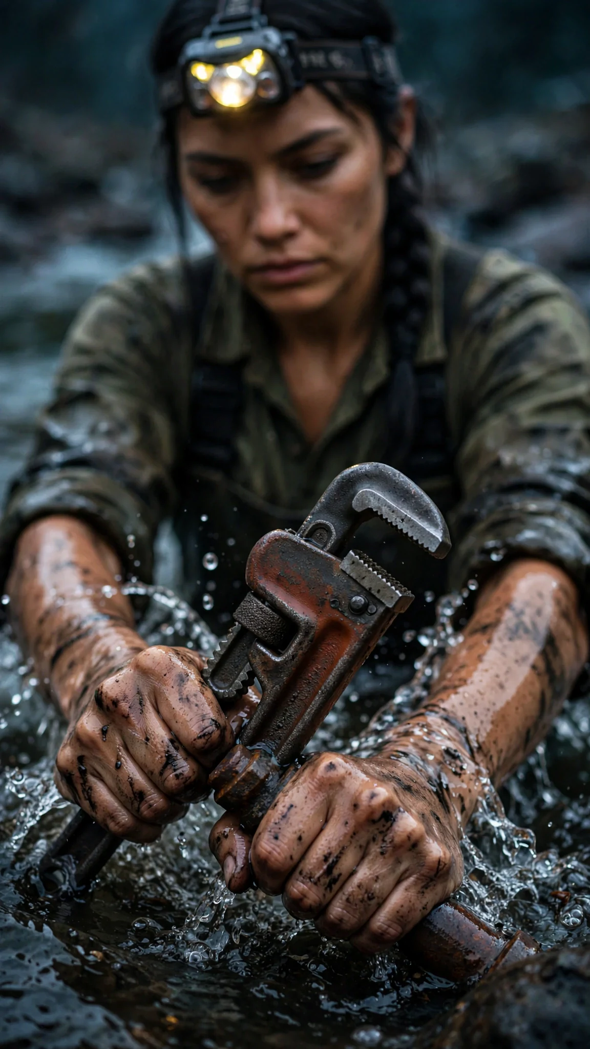 Close view of grease-blackened hands cranking a wrench on a corroded pipe fitting.