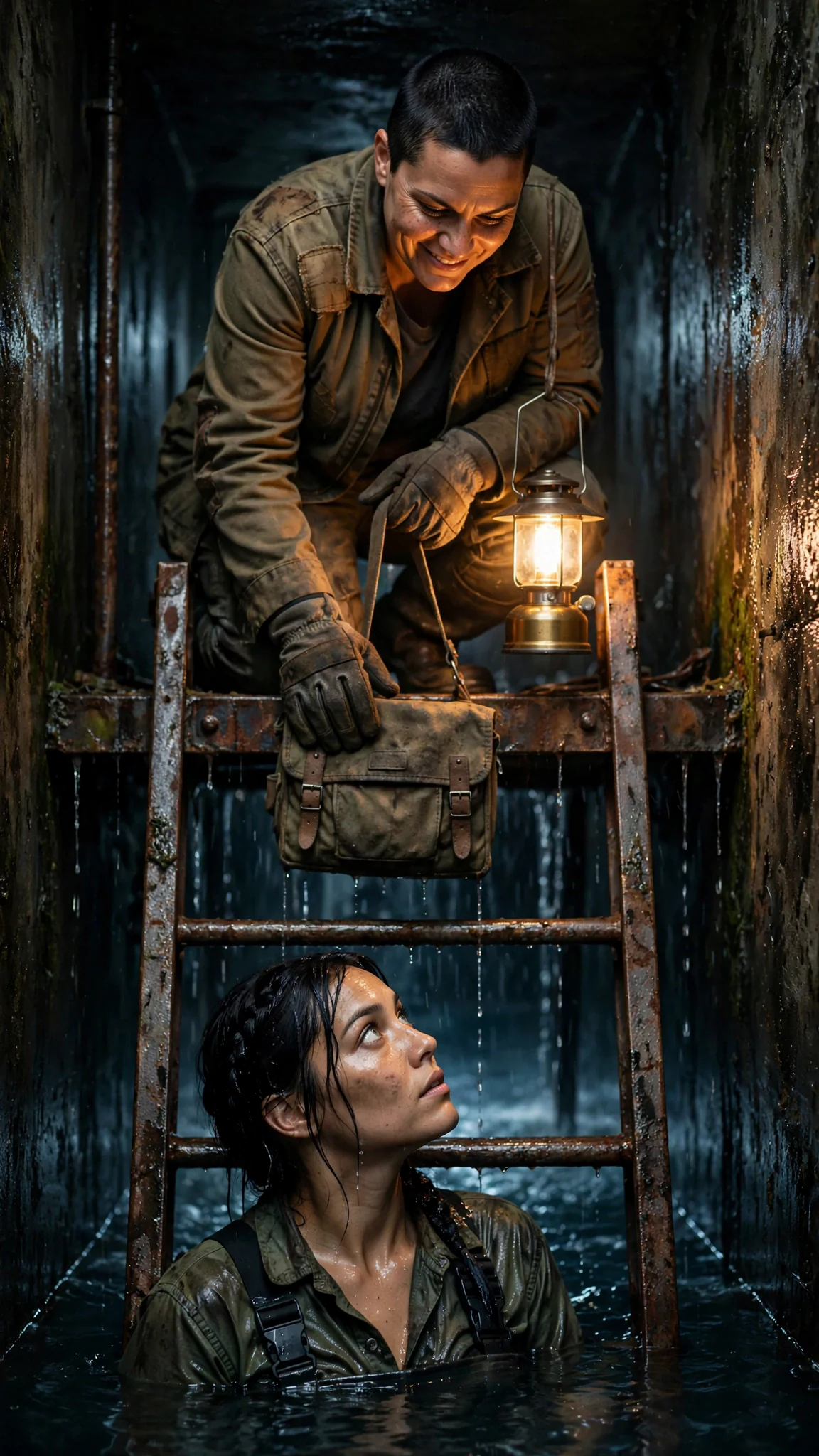 A stocky woman in a patched canvas jacket leans down a ladder holding a canvas tool kit.