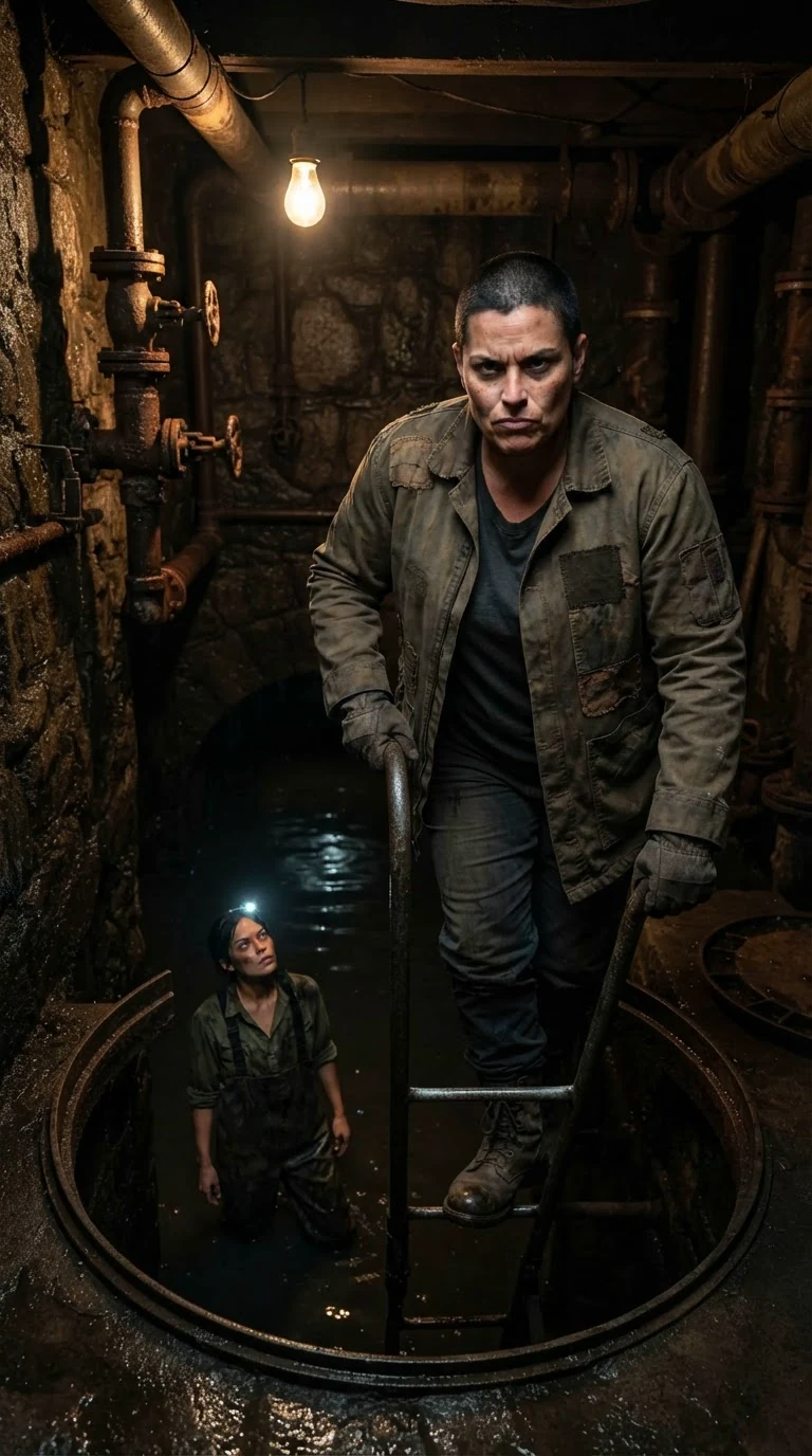 A woman in a canvas jacket climbs out through a hatch while the other watches from the water.