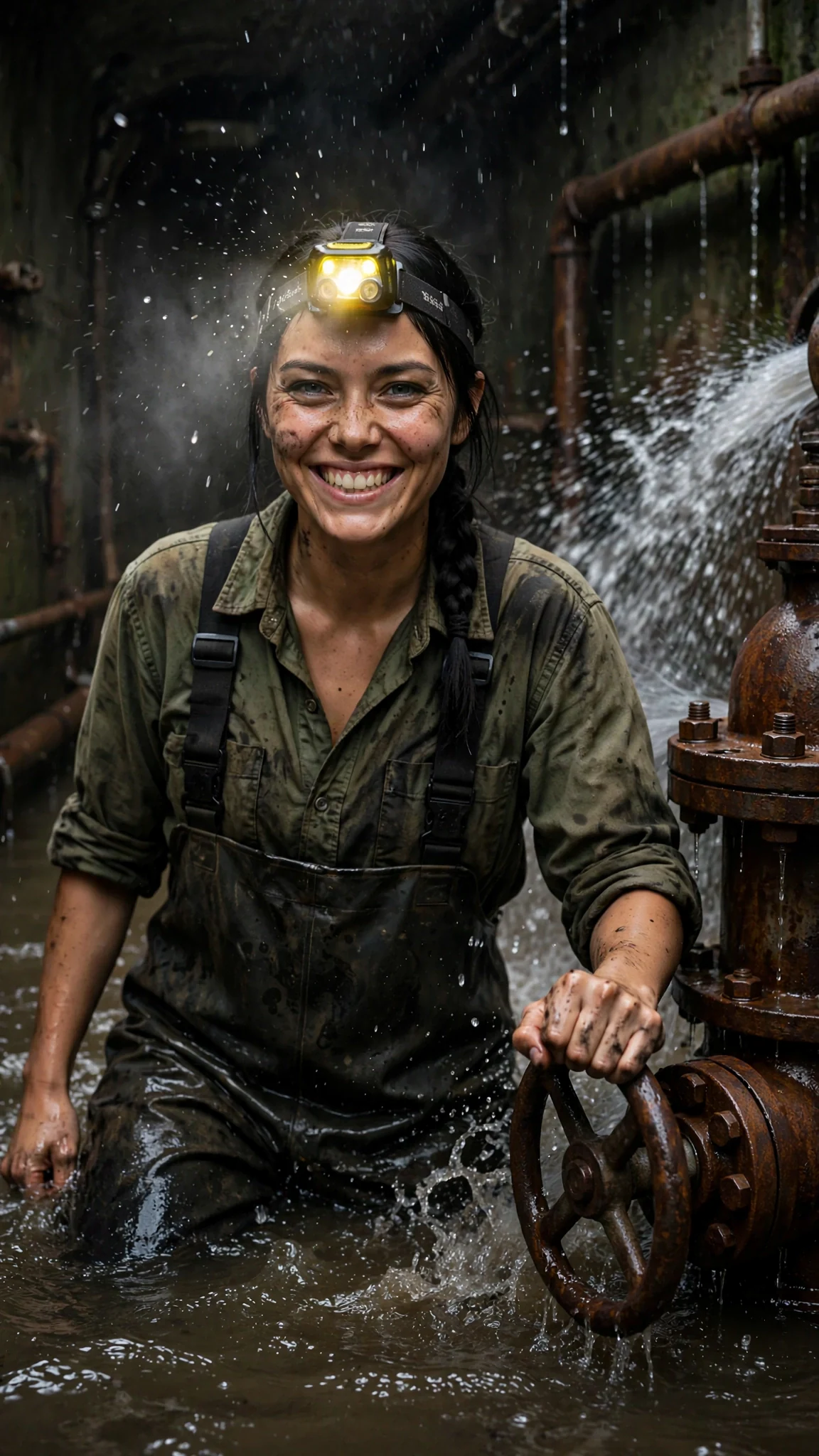 A woman in the water grins as a rusted pump shudders and the water level drops.
