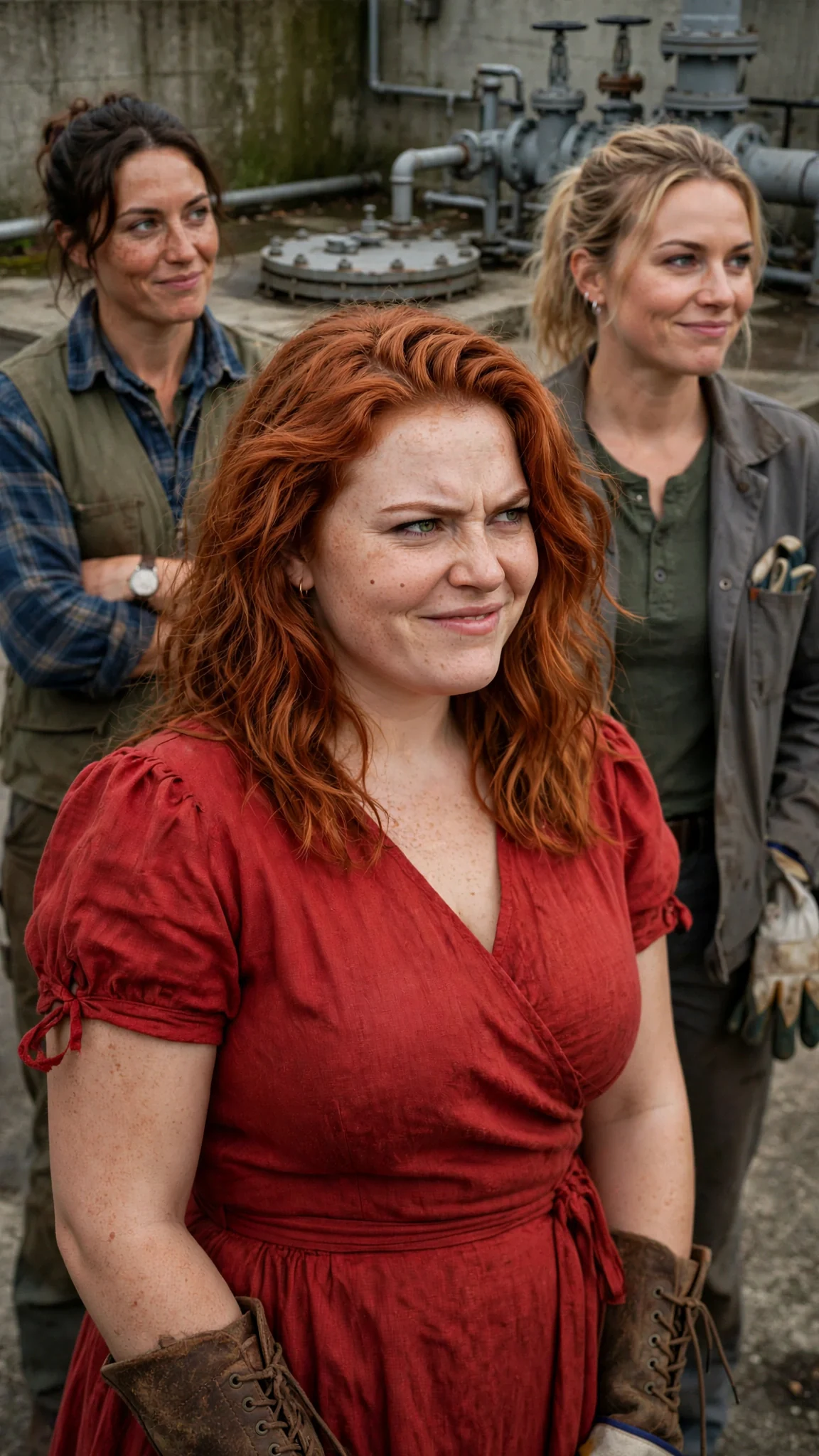 A copper-haired woman in a red dress stands on a landing above the hatch with two other women.