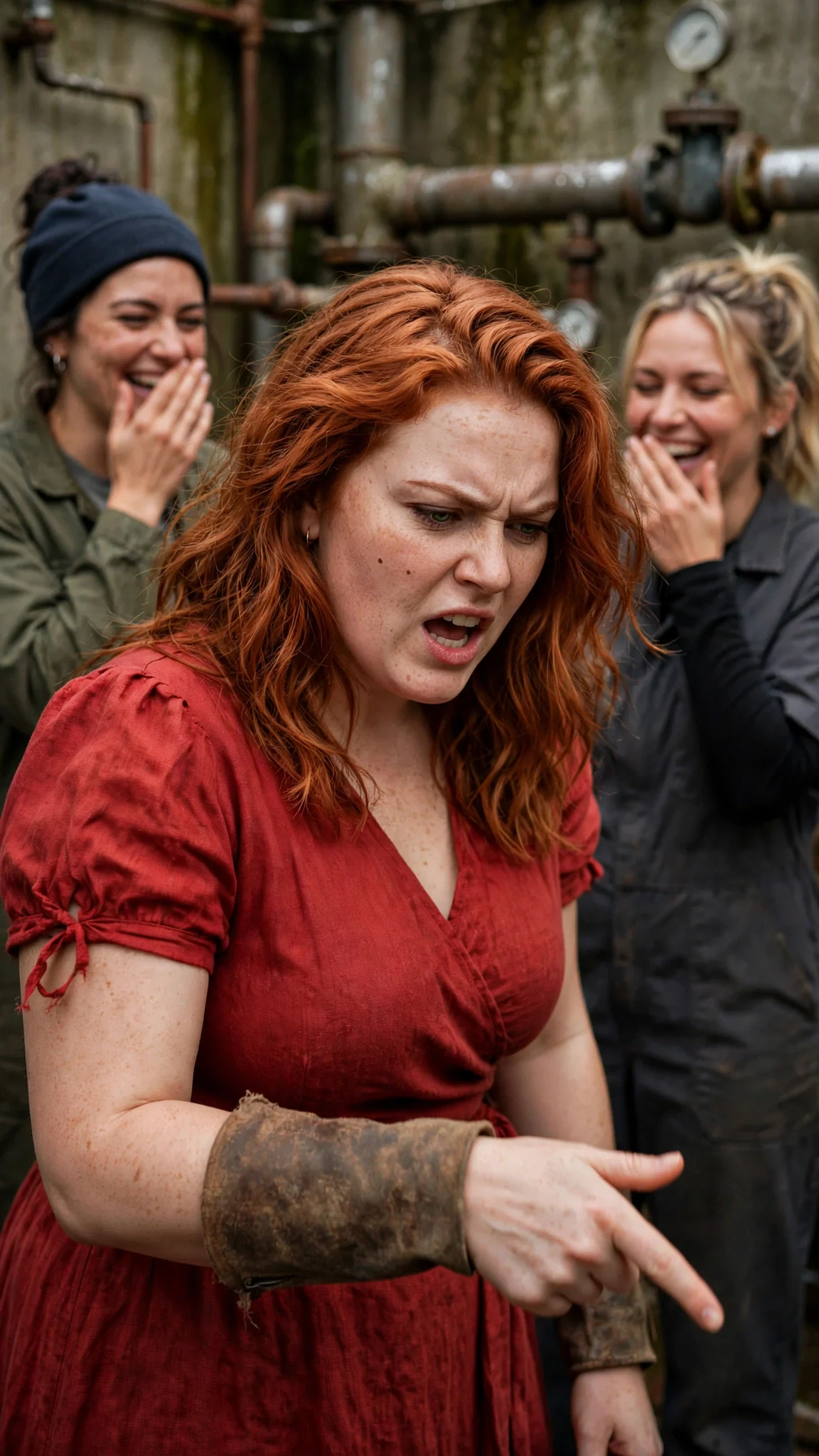 Close on the copper-haired woman's mocking face, two women laughing behind her.