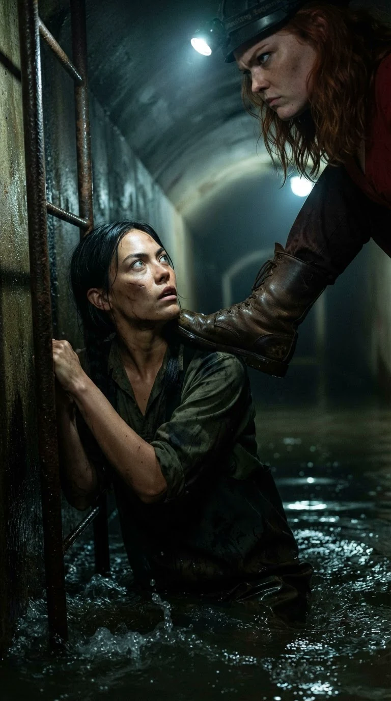 A boot presses down on a woman's shoulder as she grips a ladder in the water.