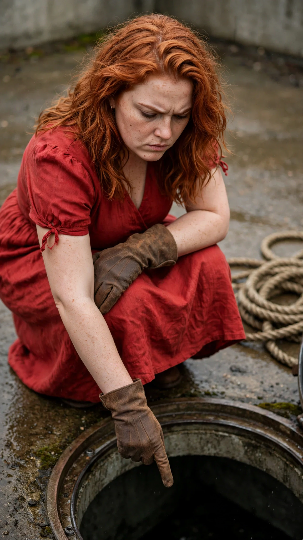 The copper-haired woman points down into the hatch with a cold, flat expression.