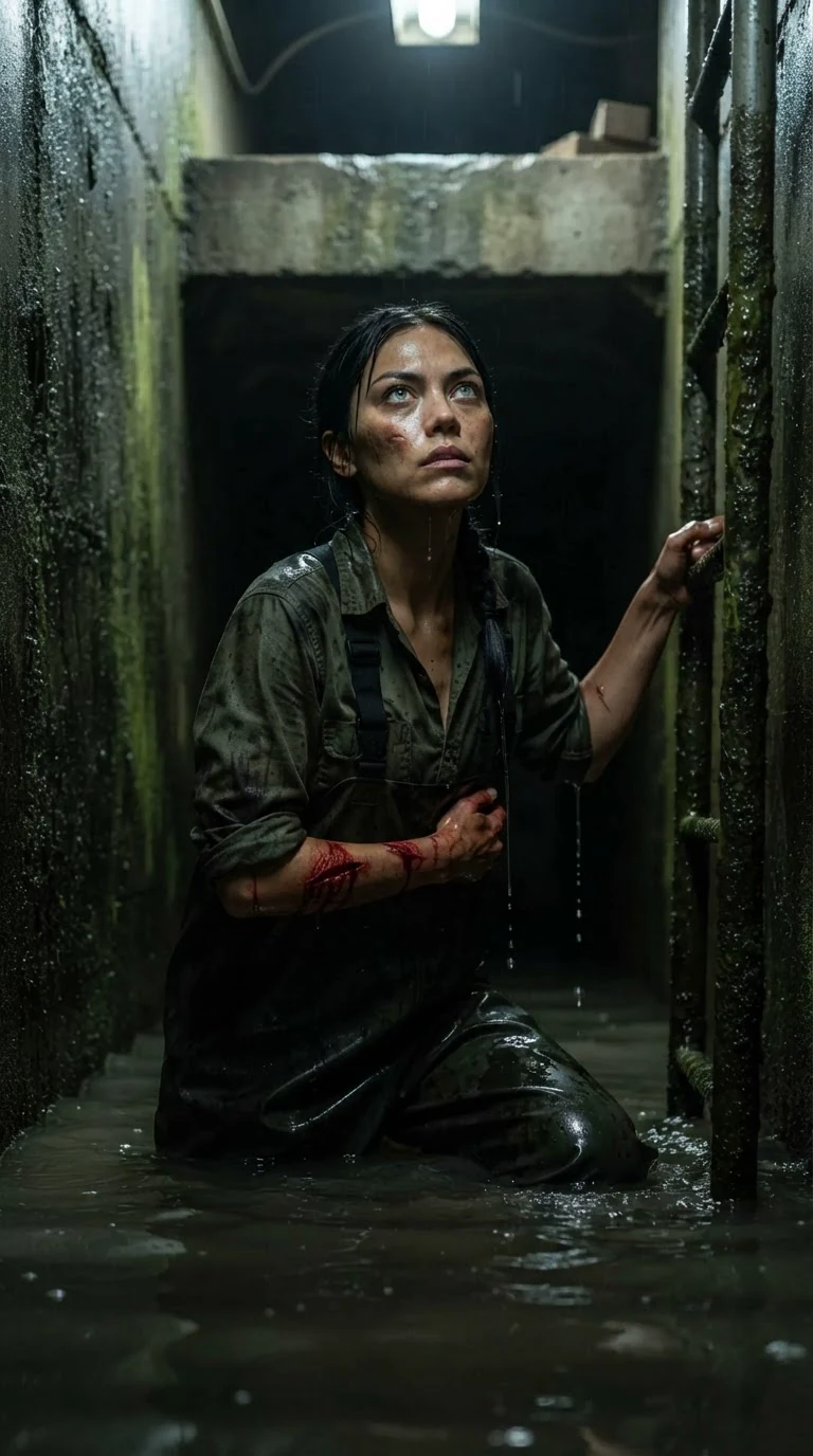 A bleeding woman stands in the water, chin up, glaring at the women above.