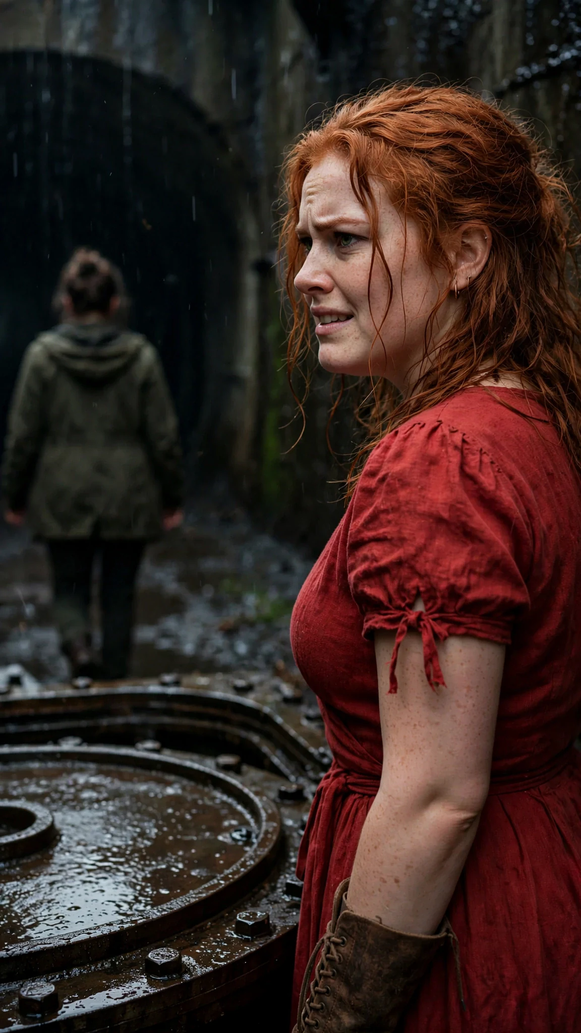 The copper-haired woman turns away, her smile faltering, the others following.