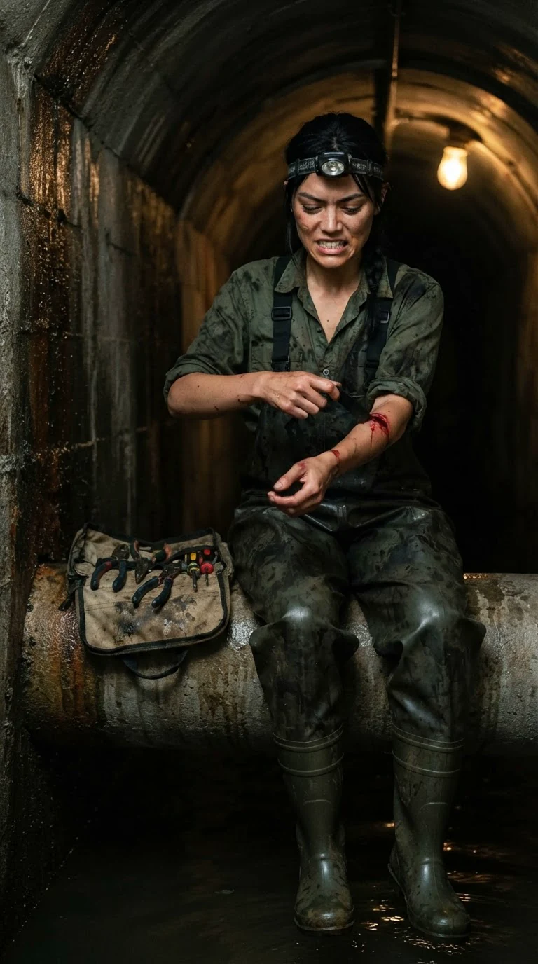 A woman tapes her own bleeding forearm with electrical tape, jaw tight, eyes wet.
