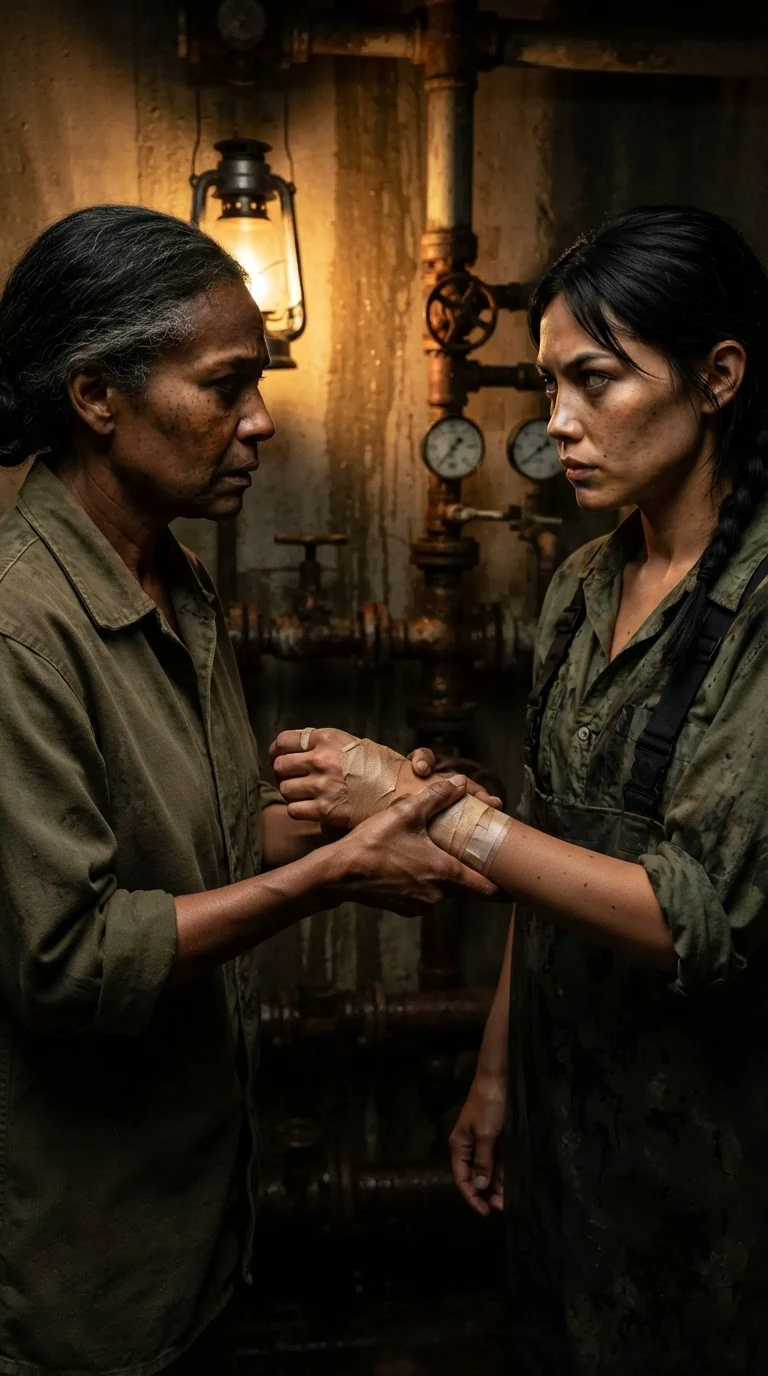 The older woman grips the younger woman's wrist, both faces close and serious.