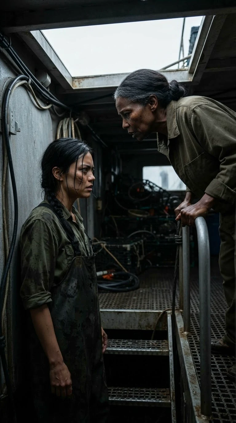 The older woman speaks hard and low, the younger one looking away.