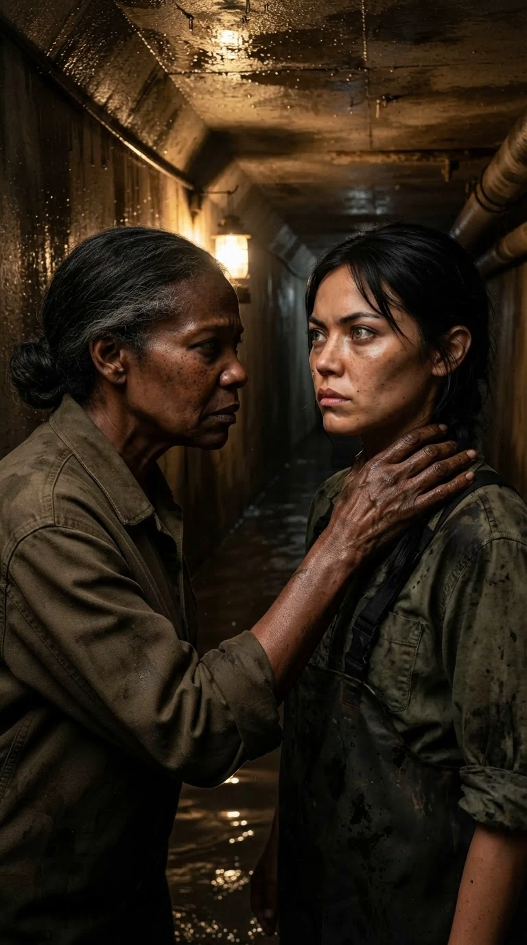 The older woman grips the younger woman's shoulder, both of them grim.