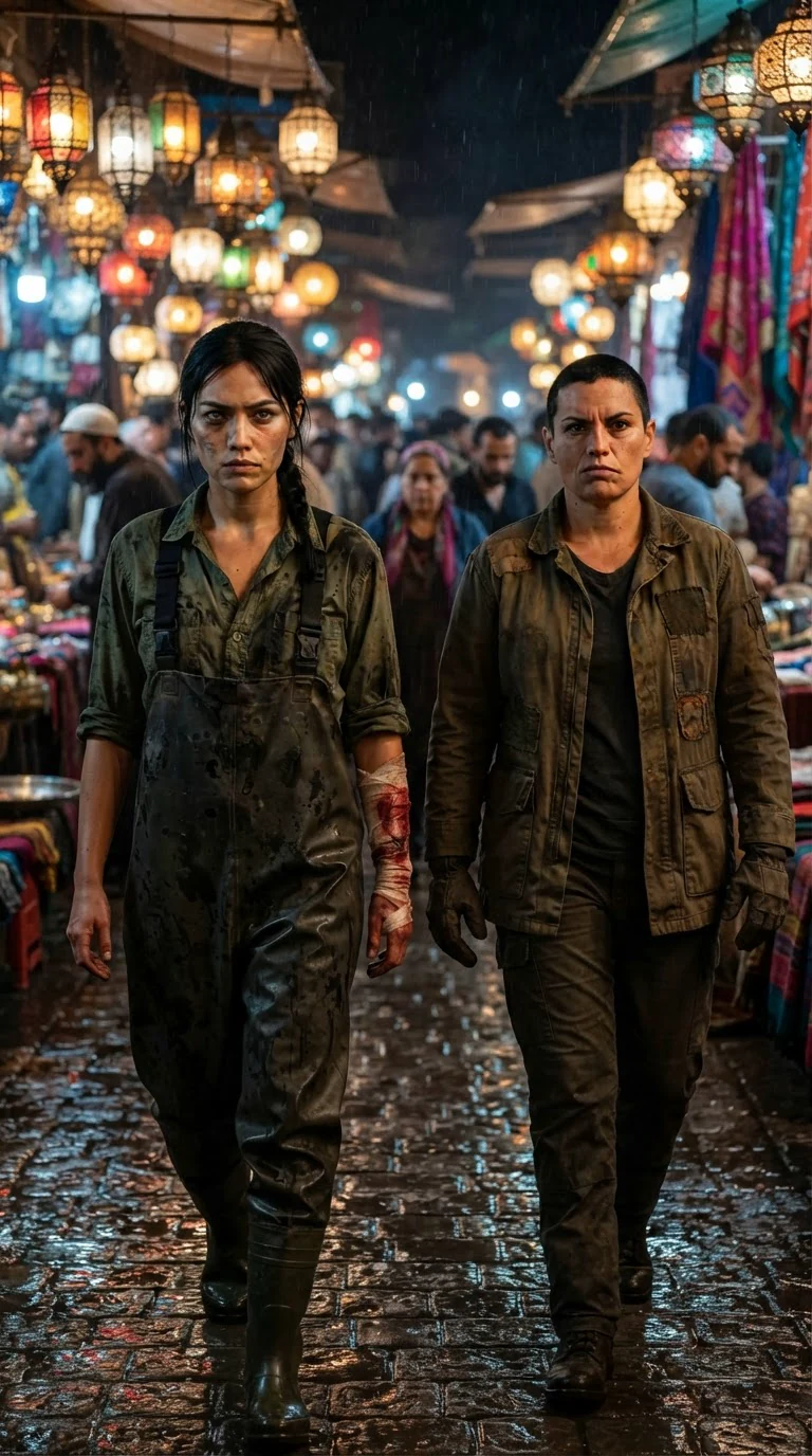 Kestra walks into the lantern-lit night market with her arm taped, Mavra beside her.