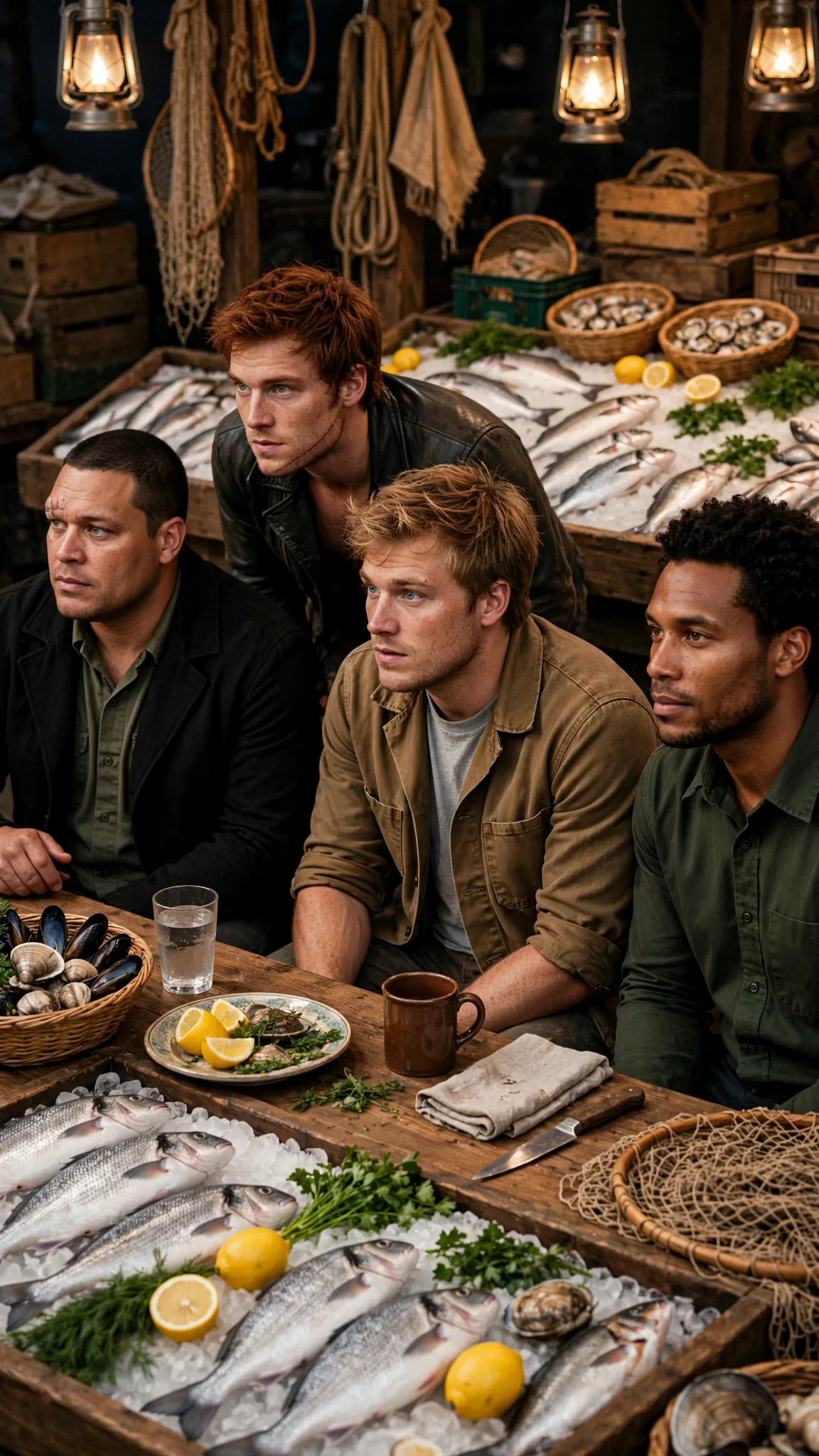 Four Alphas at a table by the fish stall turn toward Kestra all at once.