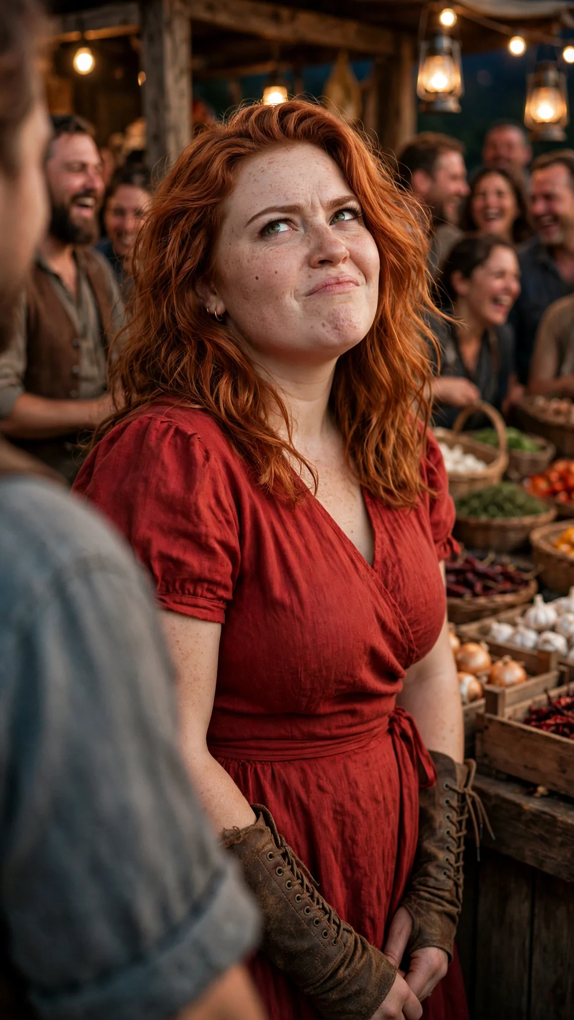 Veyla sneers at Kestra while the market crowd laughs behind her.
