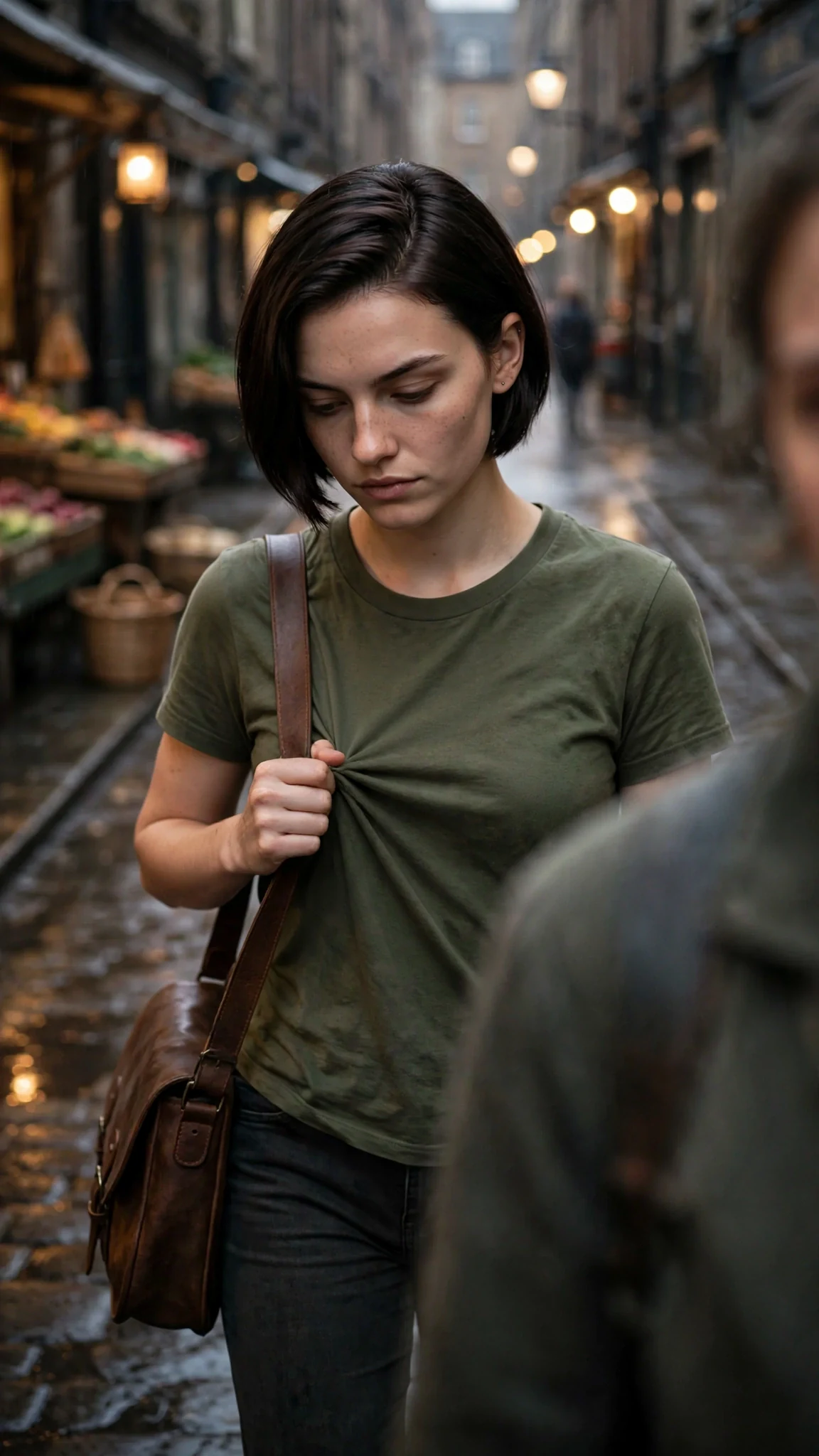 Rhoswen walks past Kestra in the lane, straightening her shirt with her jaw tight.