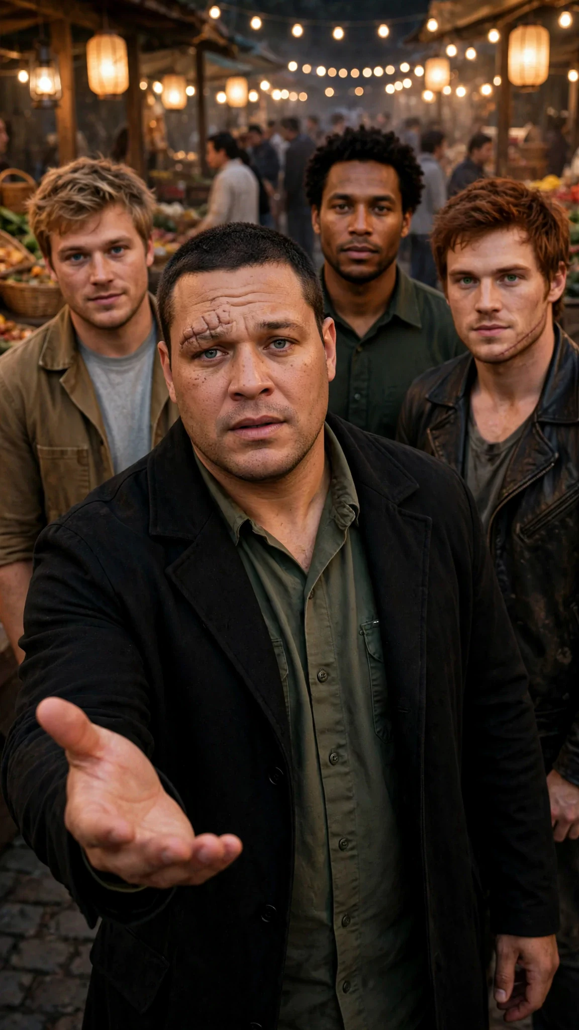 Aric steps forward with an open hand while the other three Alphas stand behind him.